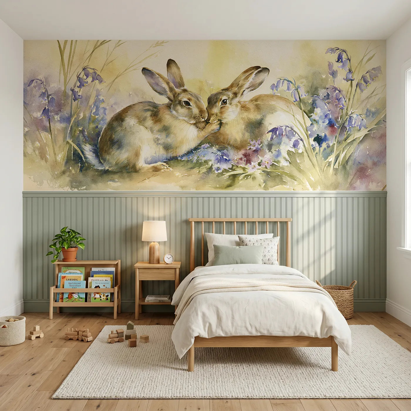 Watercolor wainscoting wallpaper of a rabbit pair morning groom by Whimsy Tots