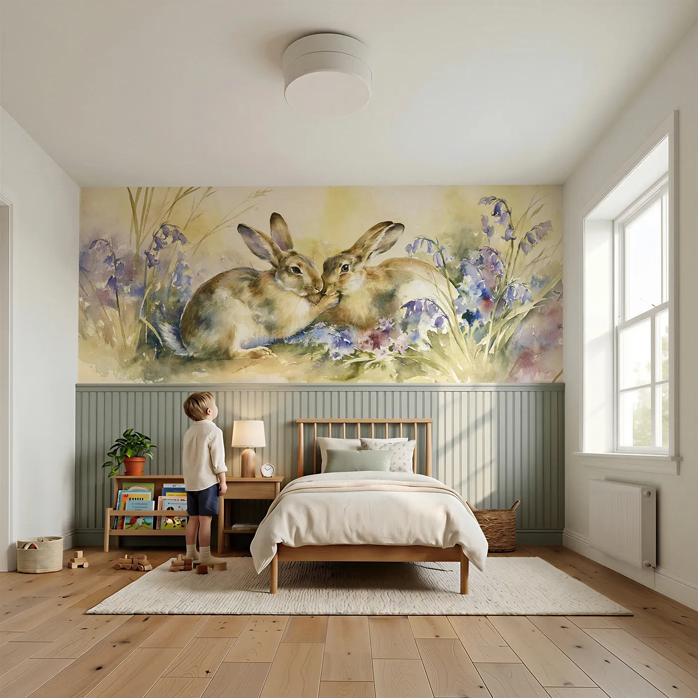 Child reading near Rabbit Pair Morning Groom Wainscoting Wallpaper by Whimsy Tots