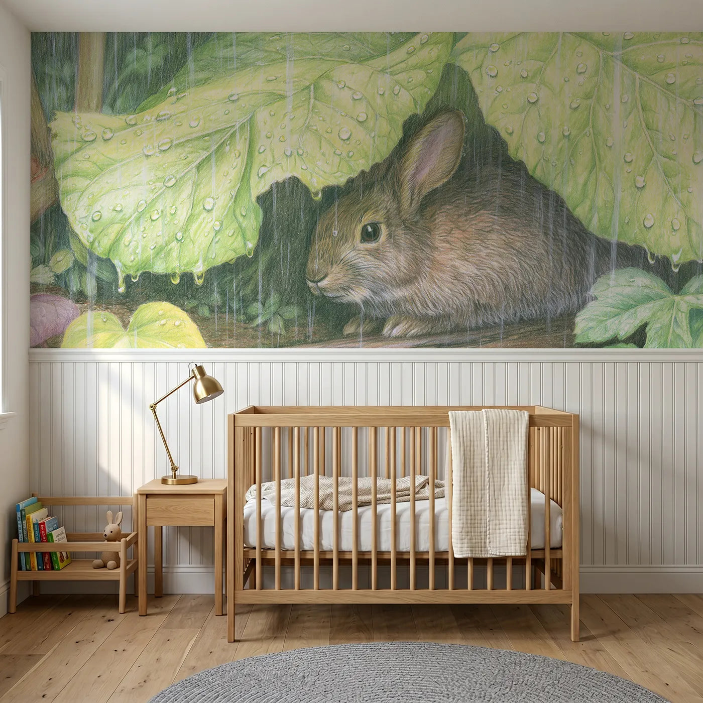 Colored pencil wainscoting wallpaper of a rabbit beneath the burdock leaf by Whimsy Tots