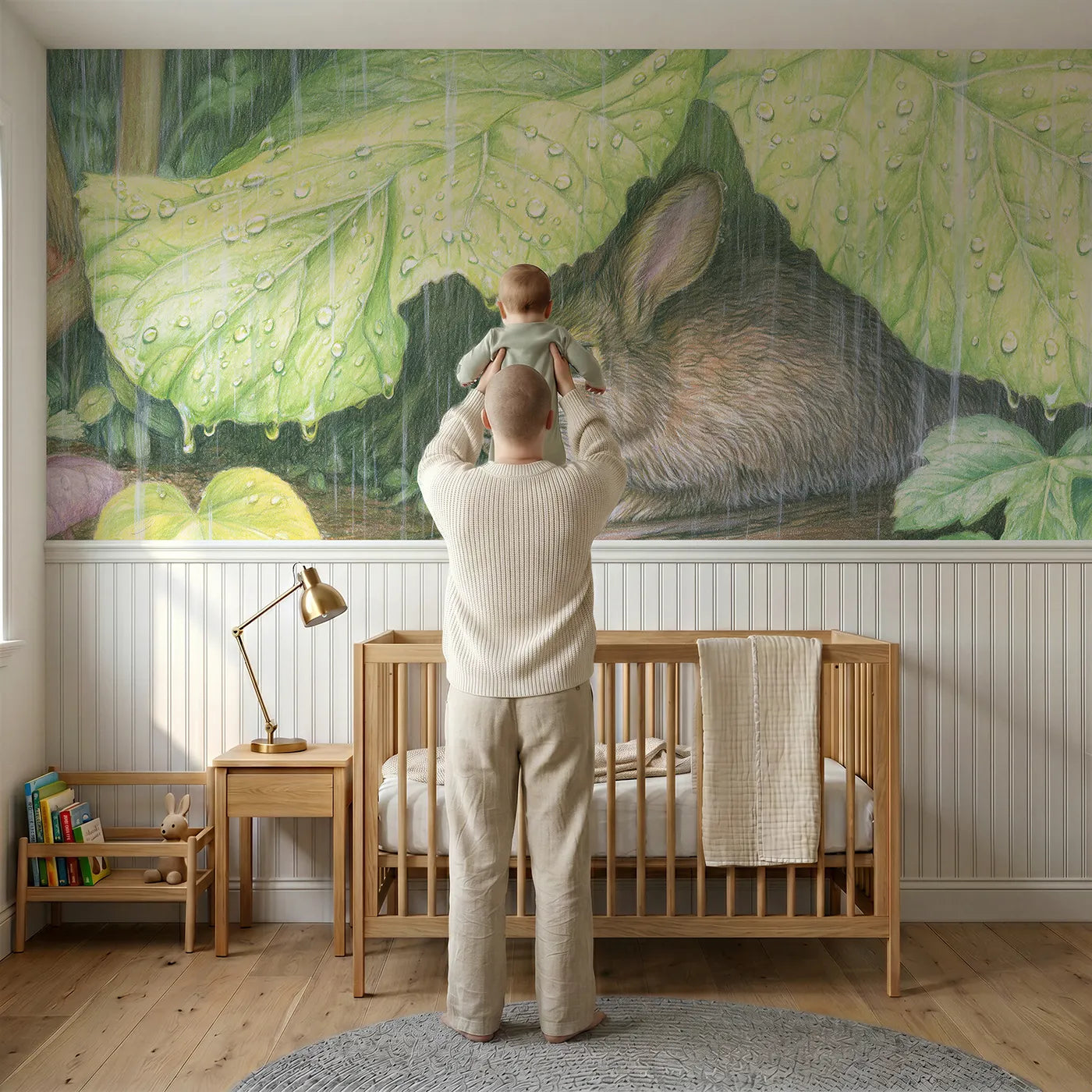 Child reading near Beneath The Burdock Leaf Wainscoting Wallpaper by Whimsy Tots