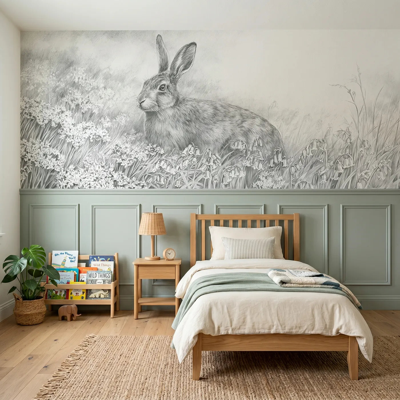 Colored pencil wainscoting wallpaper of a rabbit in the bluebells by Whimsy Tots