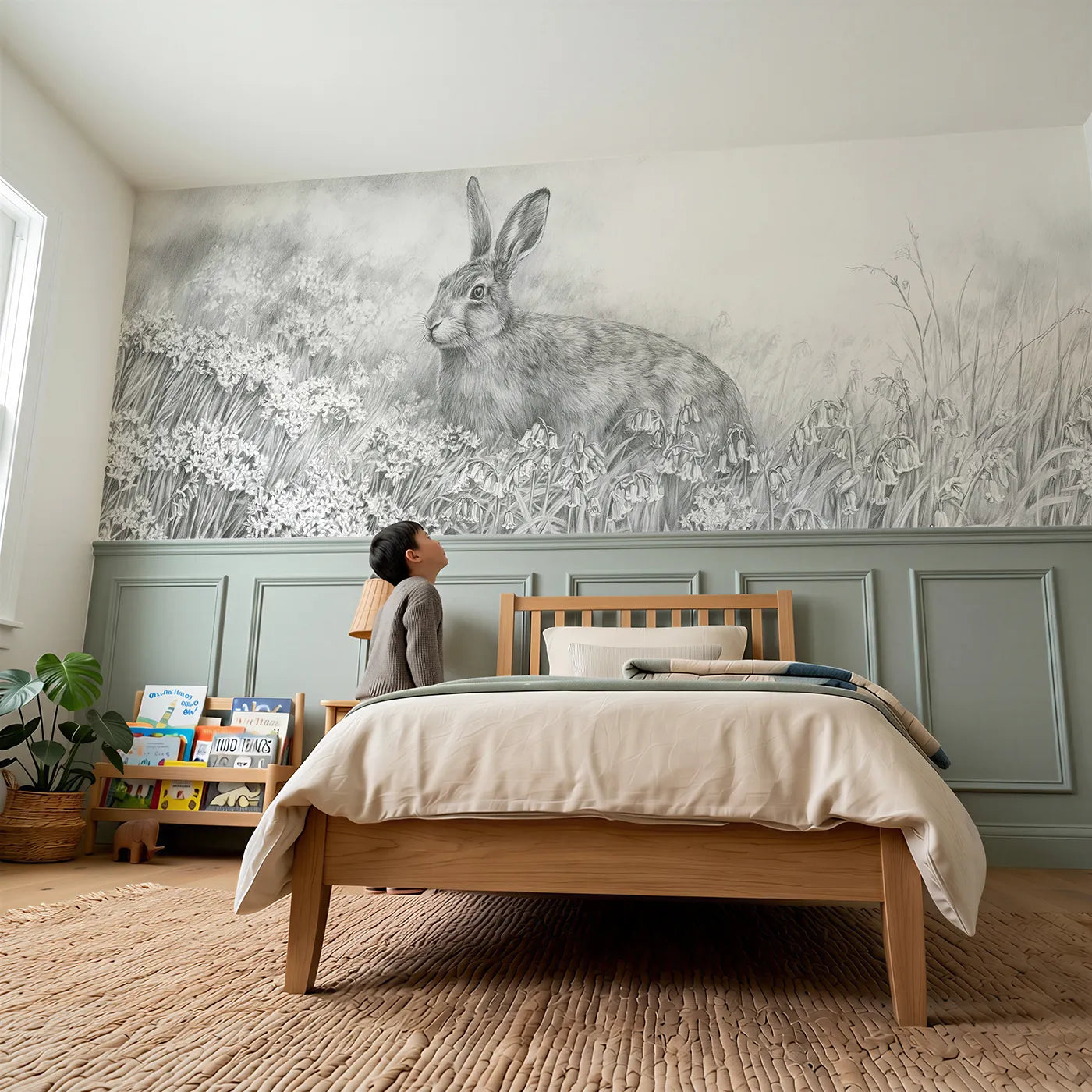 Child reading near Rabbit In The Bluebells Wainscoting Wallpaper by Whimsy Tots