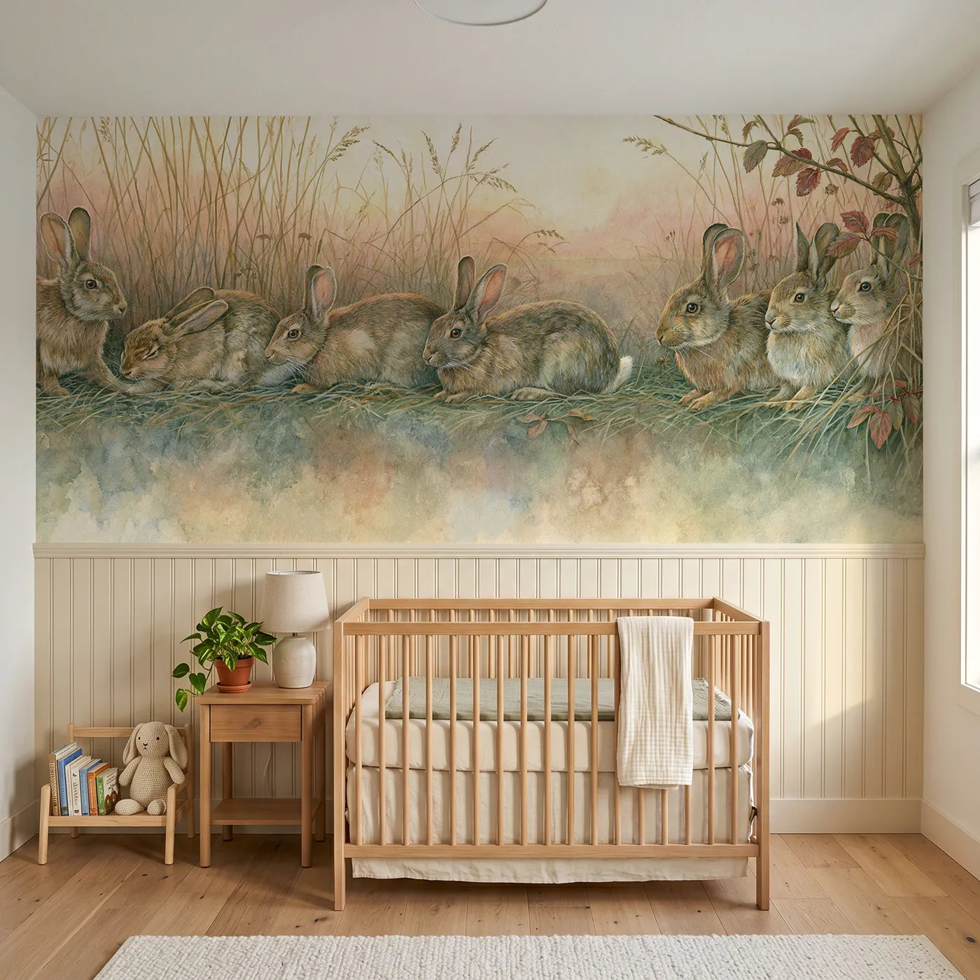 Storybook wainscoting wallpaper of an evening graze at the wood edge by Whimsy Tots