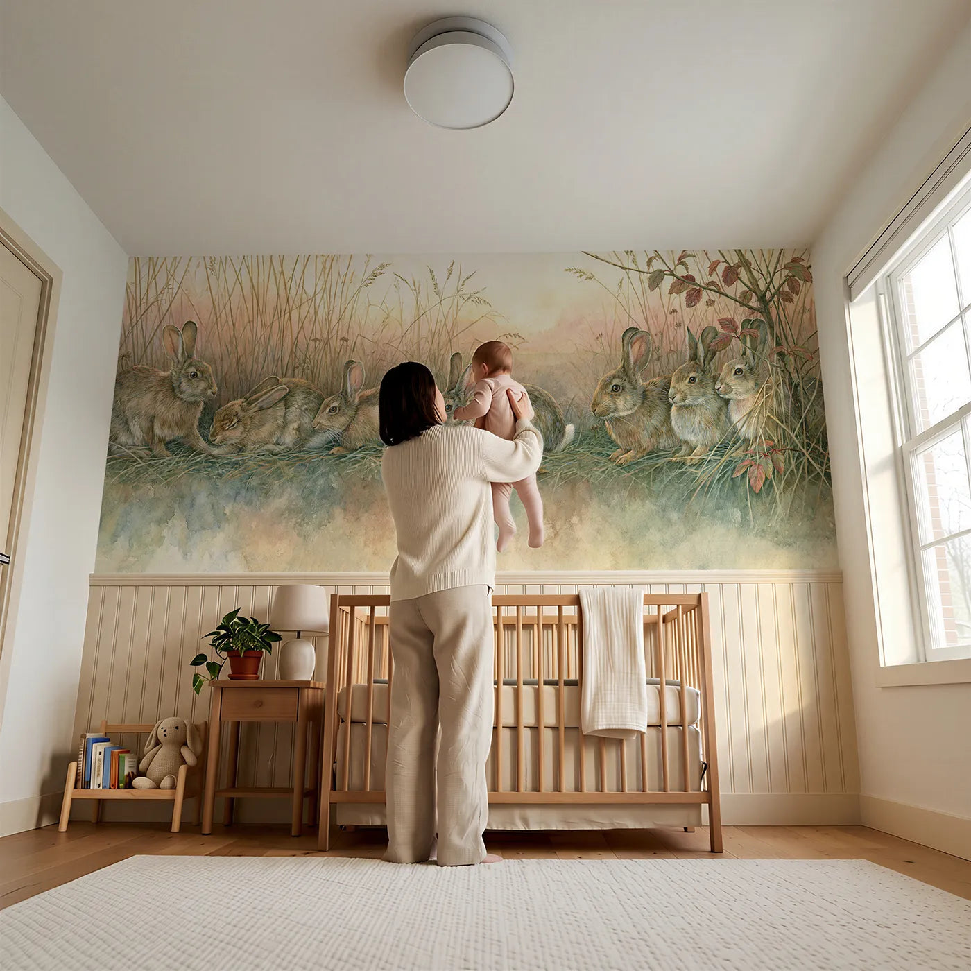 Child reading near Evening Graze At Wood Edge Wainscoting Wallpaper by Whimsy Tots
