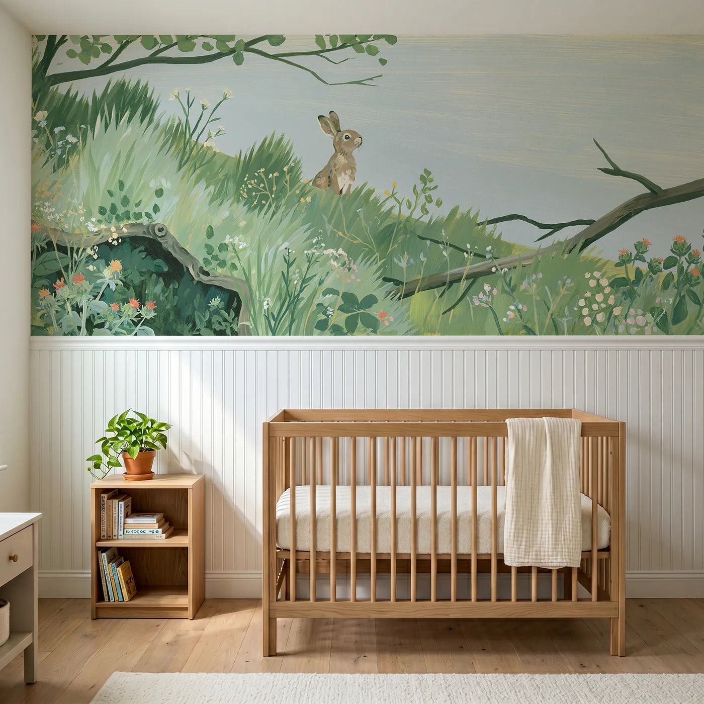 Modern illustration wainscoting wallpaper of a first look from the warren by Whimsy Tots
