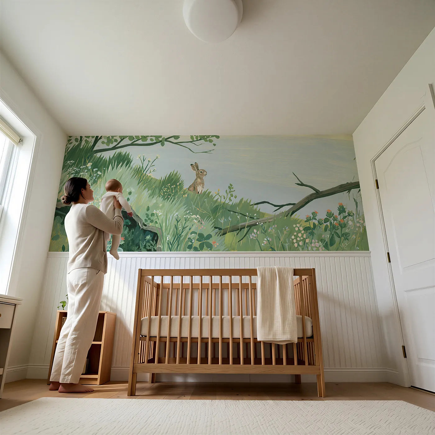 Child reading near First Look From The Warren Wainscoting Wallpaper by Whimsy Tots
