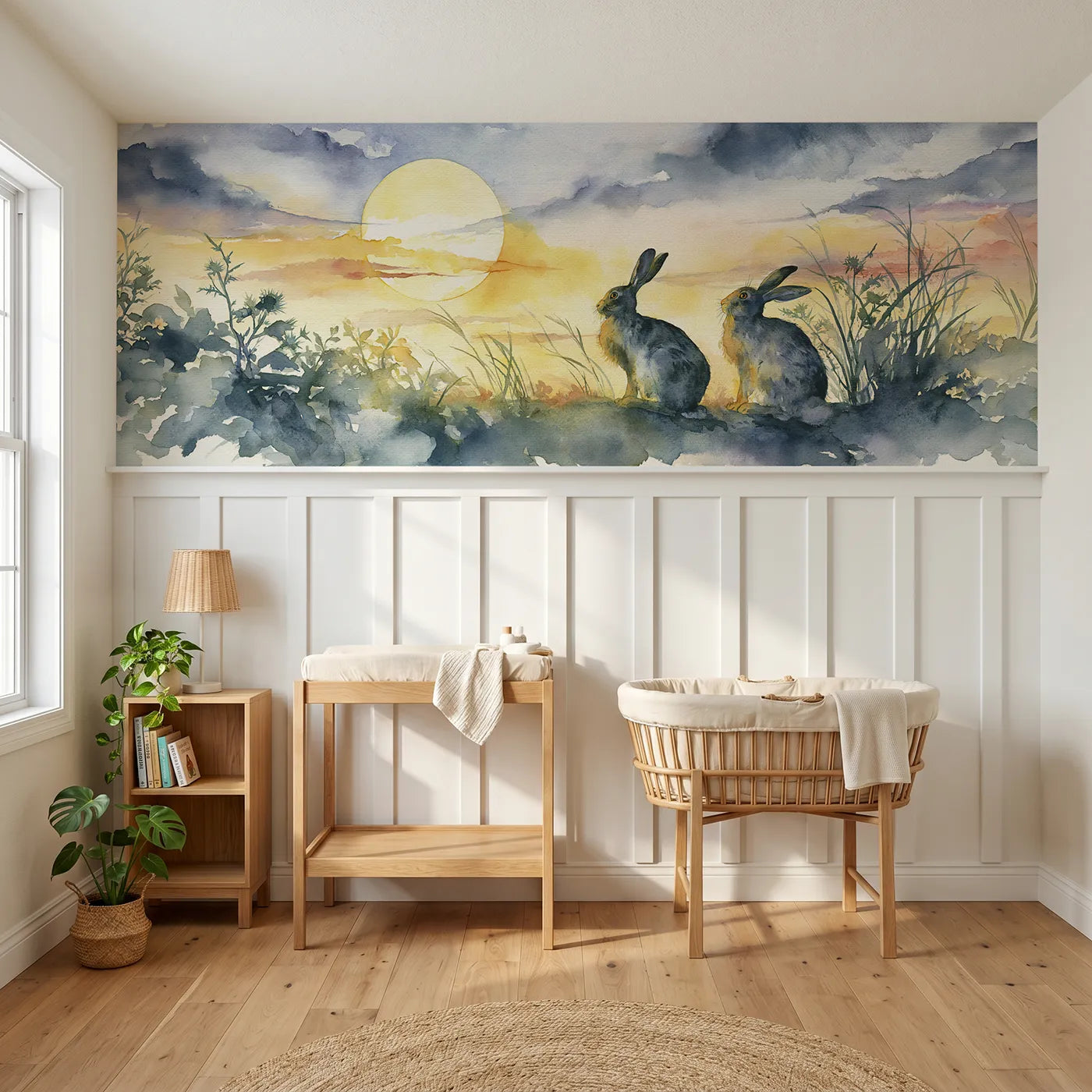 Watercolor wainscoting wallpaper of two rabbits at moonrise by Whimsy Tots