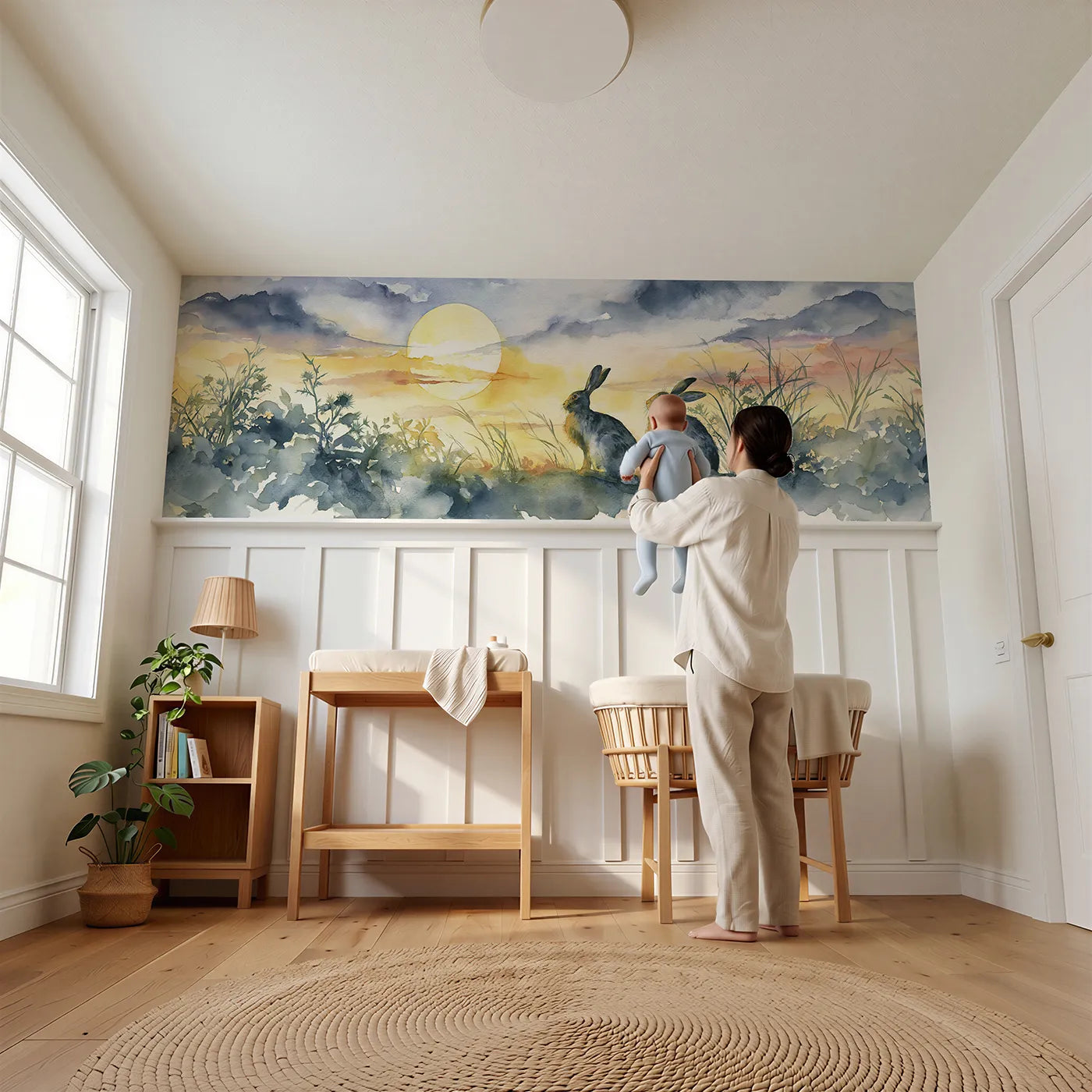 Child reading near Two Rabbits At Moonrise Wainscoting Wallpaper by Whimsy Tots