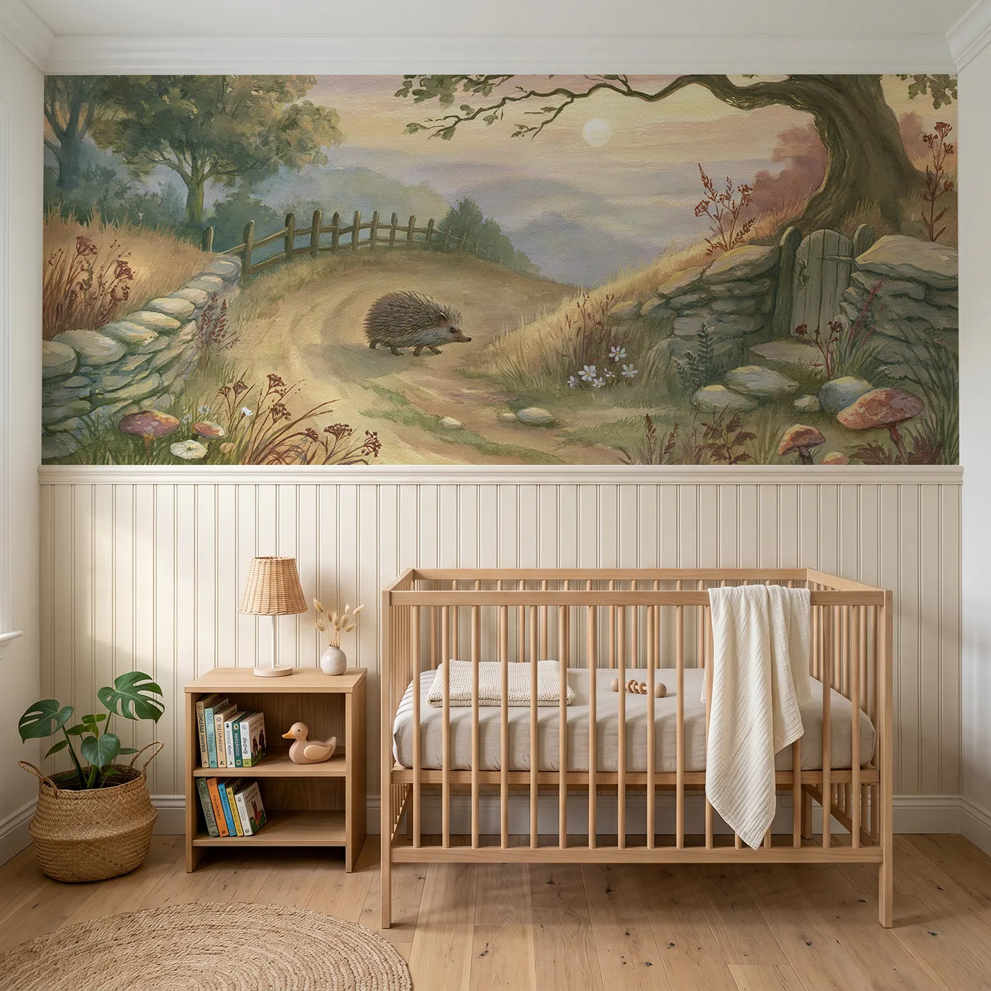 Storybook wainscoting wallpaper of a hedgehog crossing at dusk by Whimsy Tots