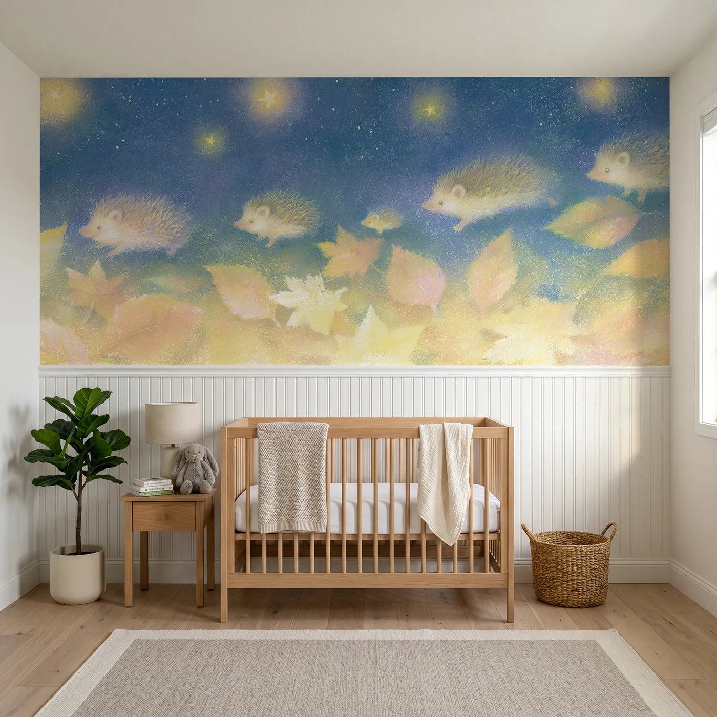 Soft pastel wainscoting wallpaper of a hedgehog family by starlight by Whimsy Tots