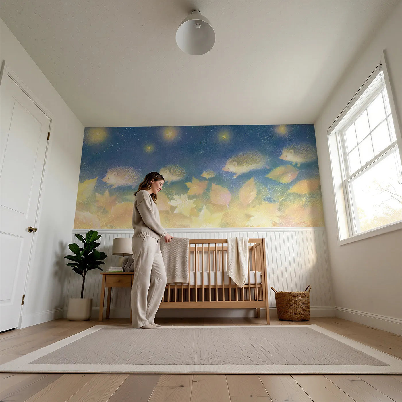Child reading near Hedgehog Family By Starlight Wainscoting Wallpaper by Whimsy Tots