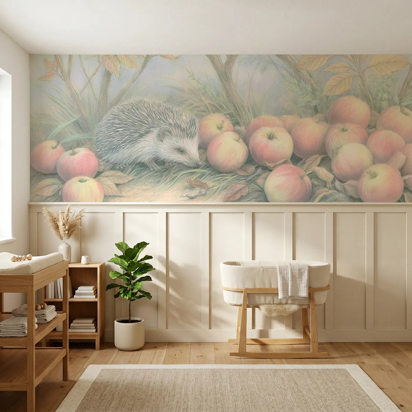 Colored pencil wainscoting wallpaper of a hedgehog and windfall apples by Whimsy Tots