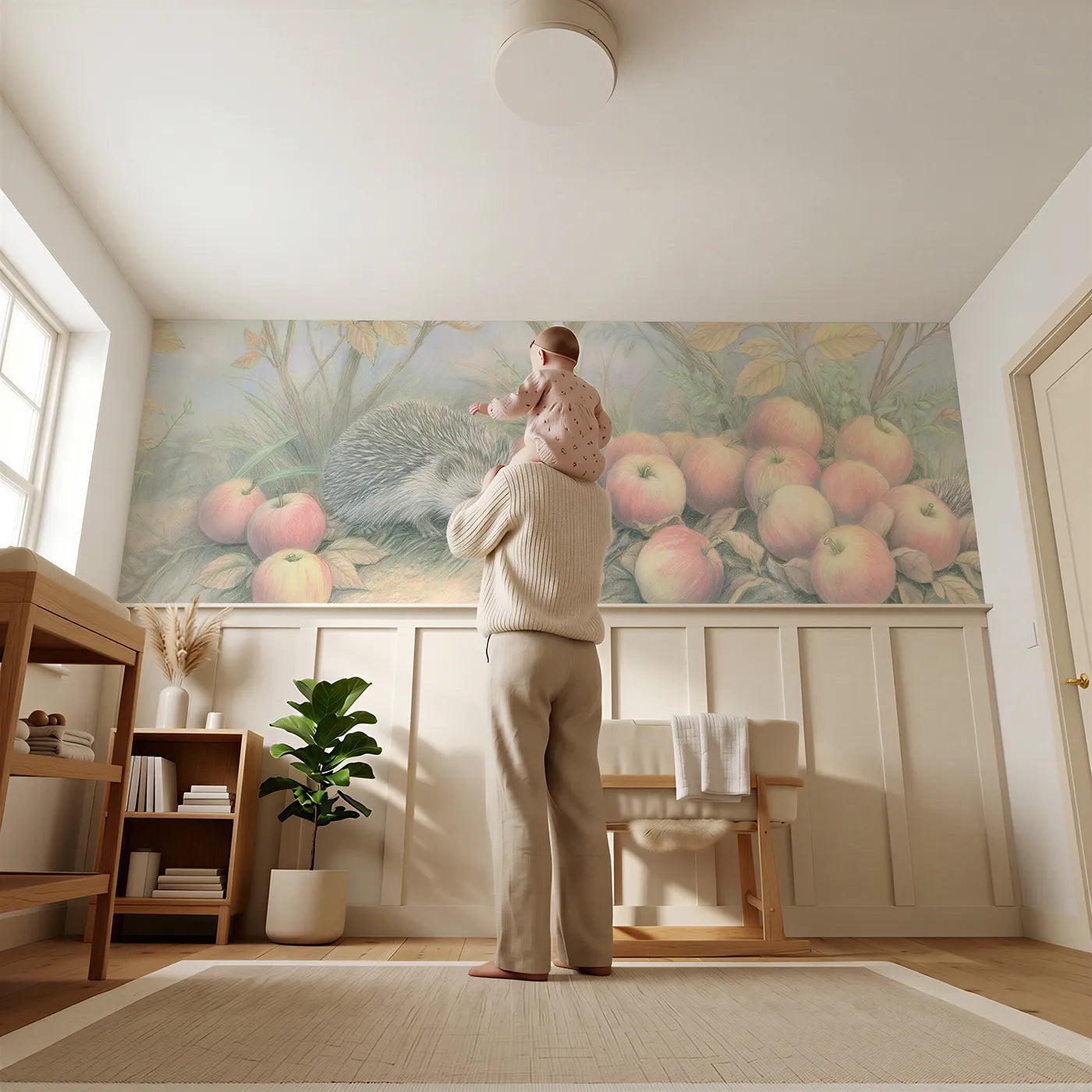 Child reading near Hedgehog And Windfall Apples Wainscoting Wallpaper by Whimsy Tots