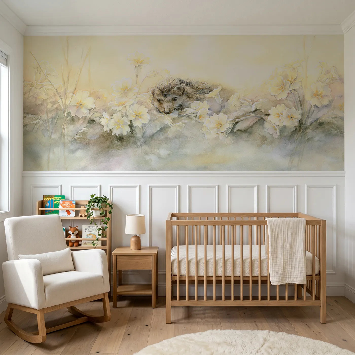 Watercolor wainscoting wallpaper of a hedgehog in the primroses by Whimsy Tots
