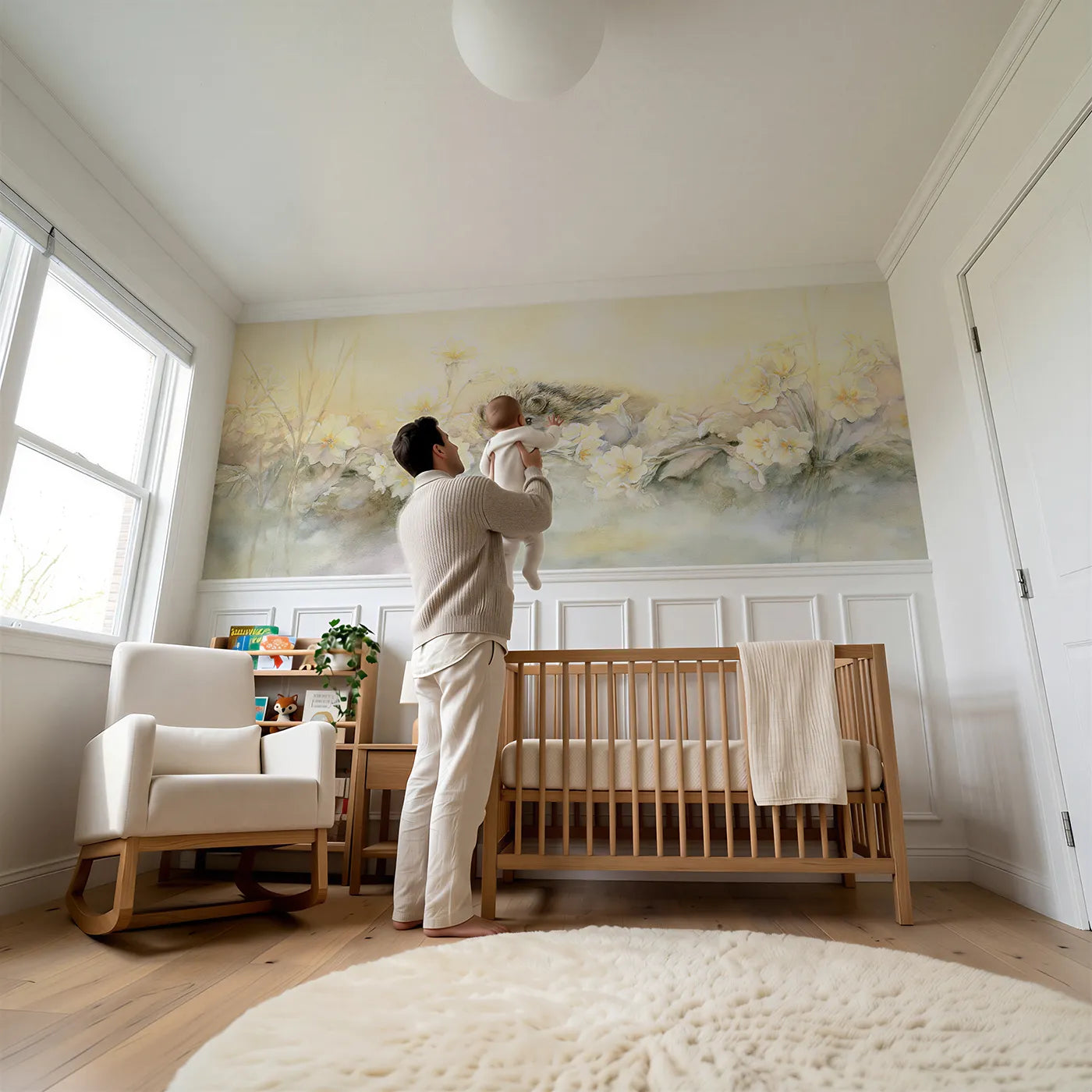 Child reading near Hedgehog In The Primroses Wainscoting Wallpaper by Whimsy Tots