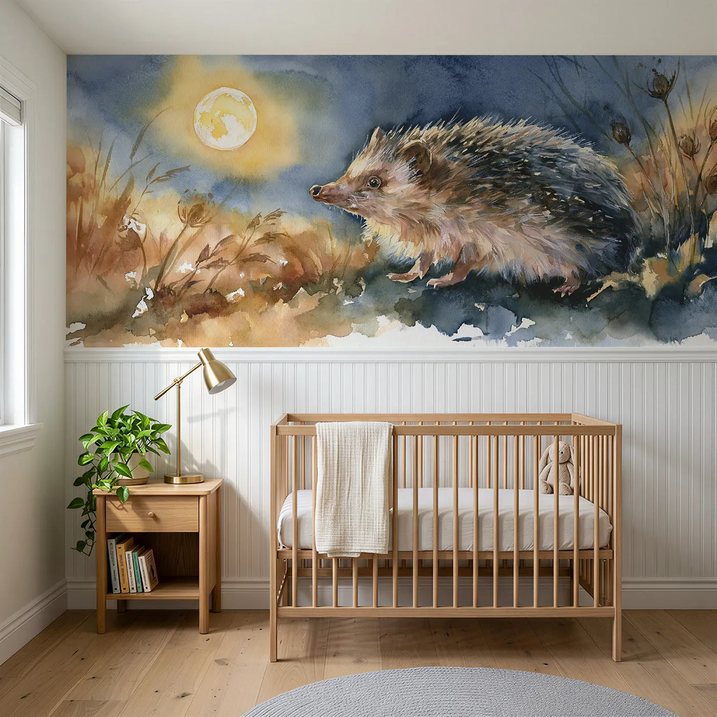 Watercolor wainscoting wallpaper of a hedgehog testing the air by Whimsy Tots