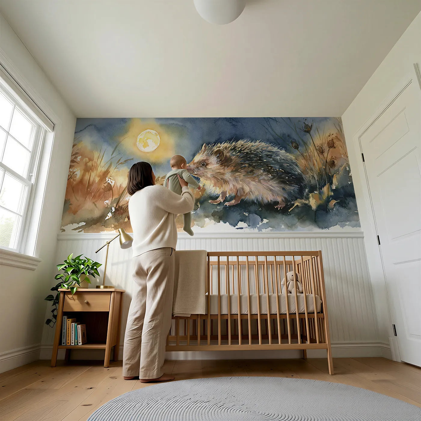 Child reading near Hedgehog Testing The Air Wainscoting Wallpaper by Whimsy Tots