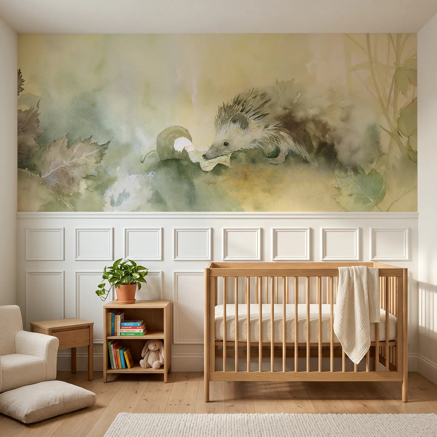 Watercolor wainscoting wallpaper of a hedgehog at the leaf cup by Whimsy Tots