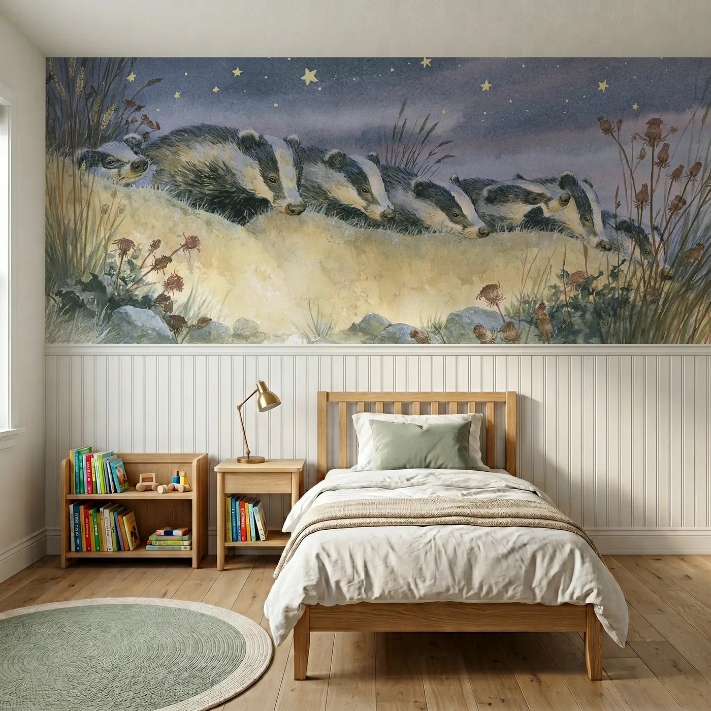 Storybook wainscoting wallpaper of the badger sett waking by Whimsy Tots