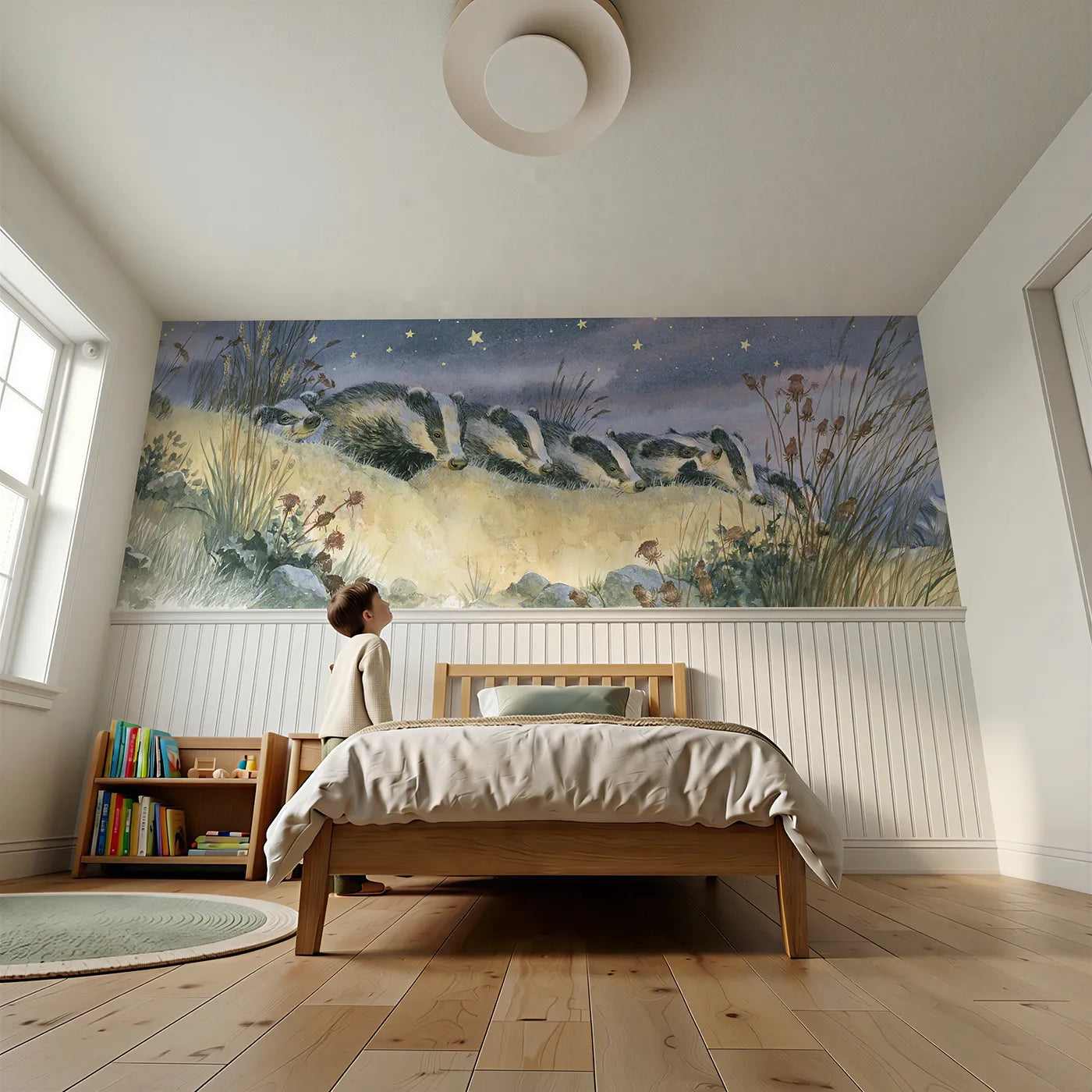 Child reading near The Badger Sett Wakes Wainscoting Wallpaper by Whimsy Tots