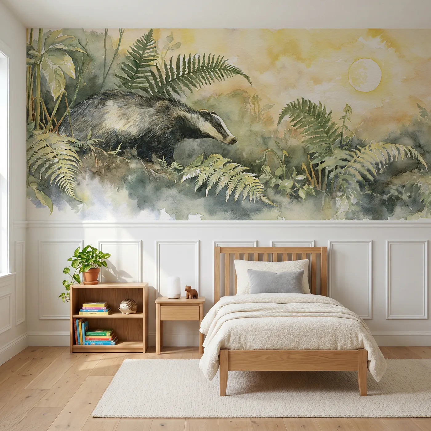 Watercolor wainscoting wallpaper of a badger on the fern bank by Whimsy Tots