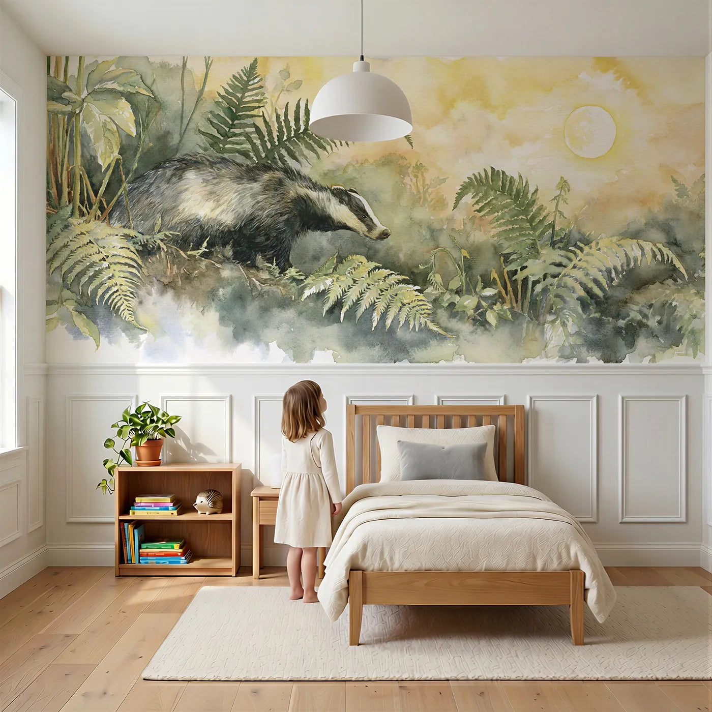 Child reading near Badger On The Fern Bank Wainscoting Wallpaper by Whimsy Tots