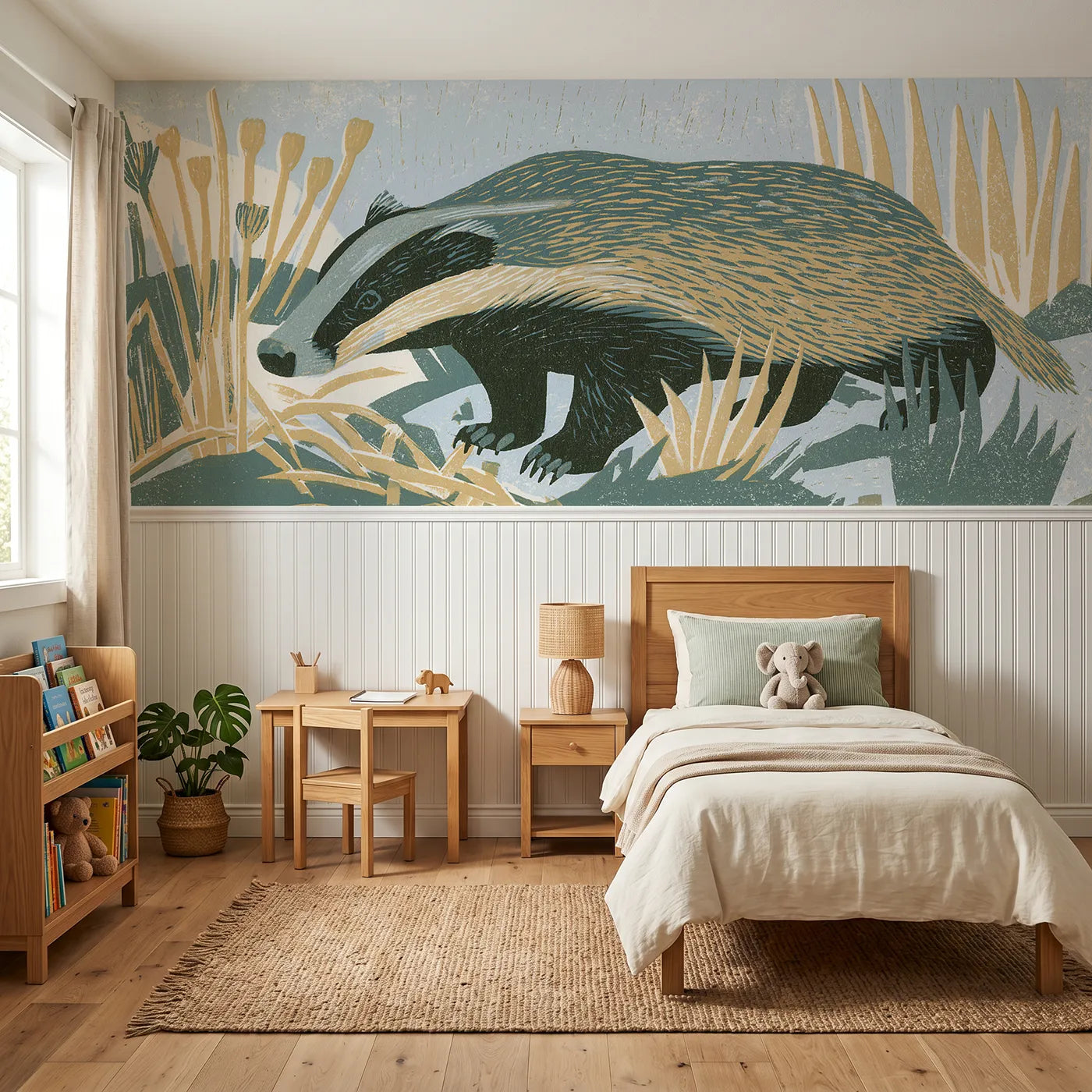 Block print wainscoting wallpaper of a carved badger heading home by Whimsy Tots