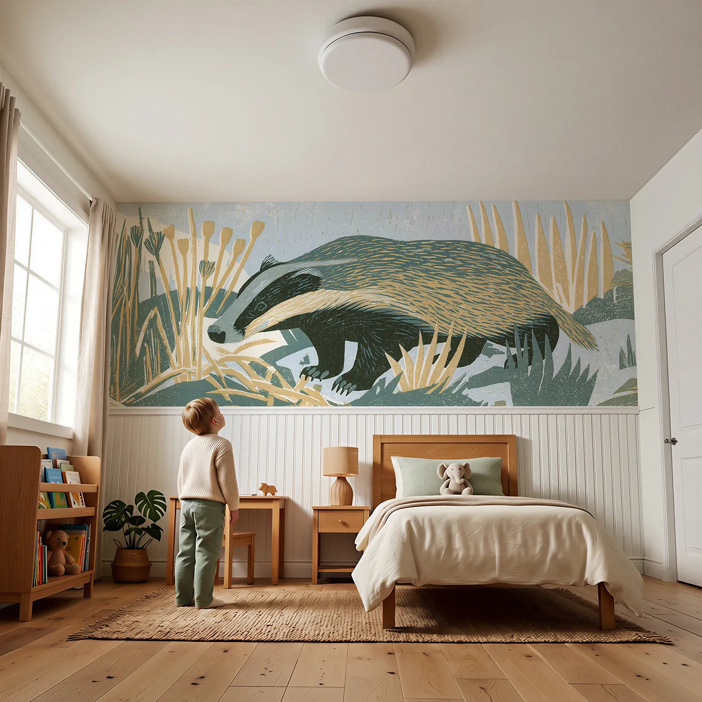 Child reading near Carved Badger Heads Home Wainscoting Wallpaper by Whimsy Tots