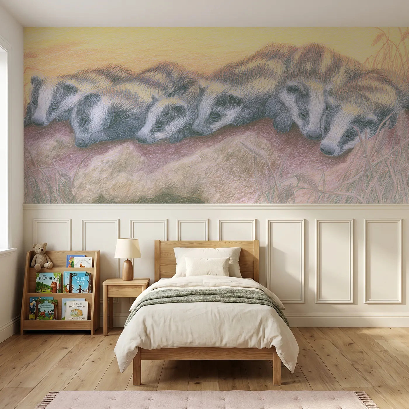 Colored pencil wainscoting wallpaper of badger cubs at play by Whimsy Tots