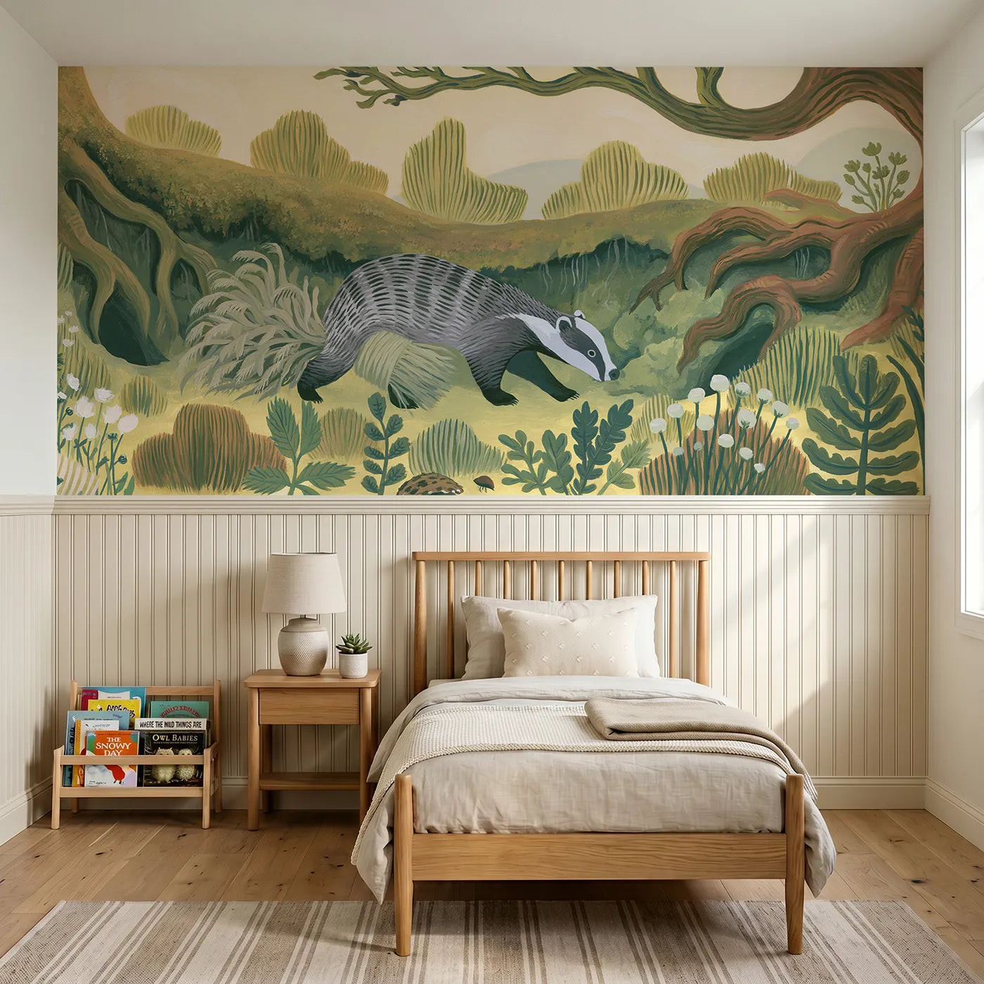 Modern illustration wainscoting wallpaper of a badger hauling bedding by Whimsy Tots