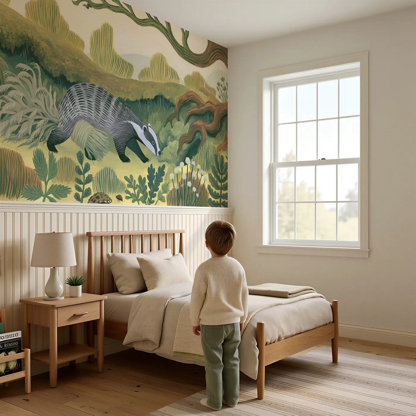 Child reading near Badger Hauls His Bedding Wainscoting Wallpaper by Whimsy Tots
