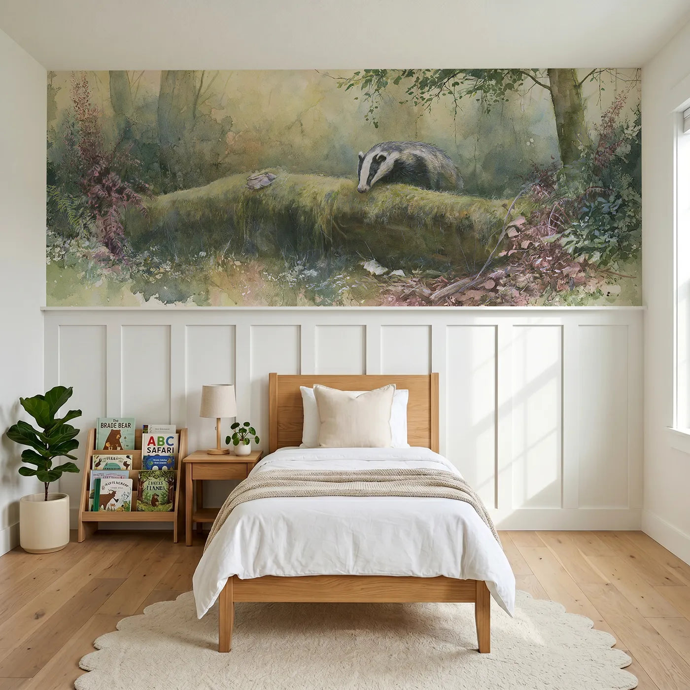 Watercolor wainscoting wallpaper of a badger at the mossy log by Whimsy Tots