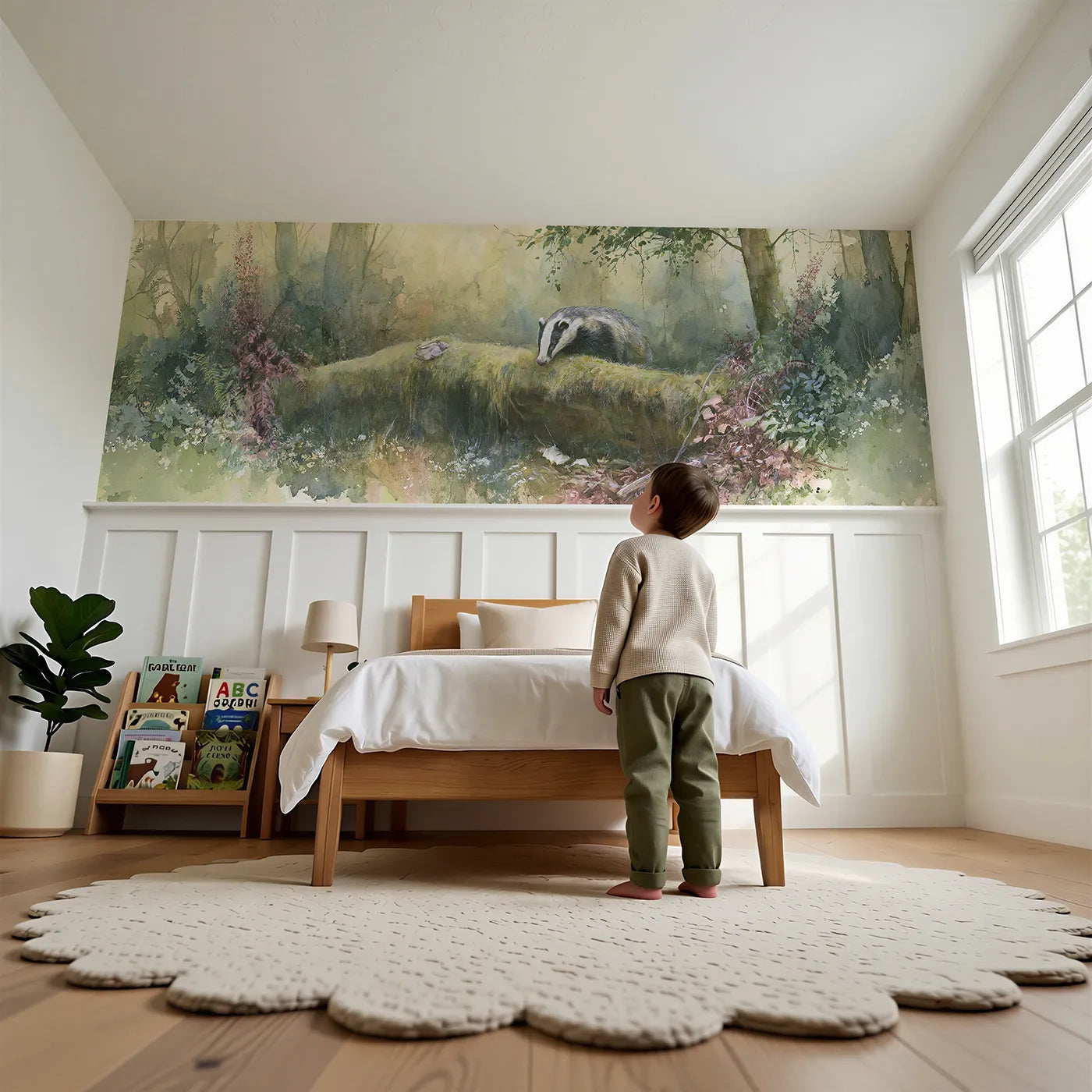 Child reading near Badger At The Mossy Log Wainscoting Wallpaper by Whimsy Tots