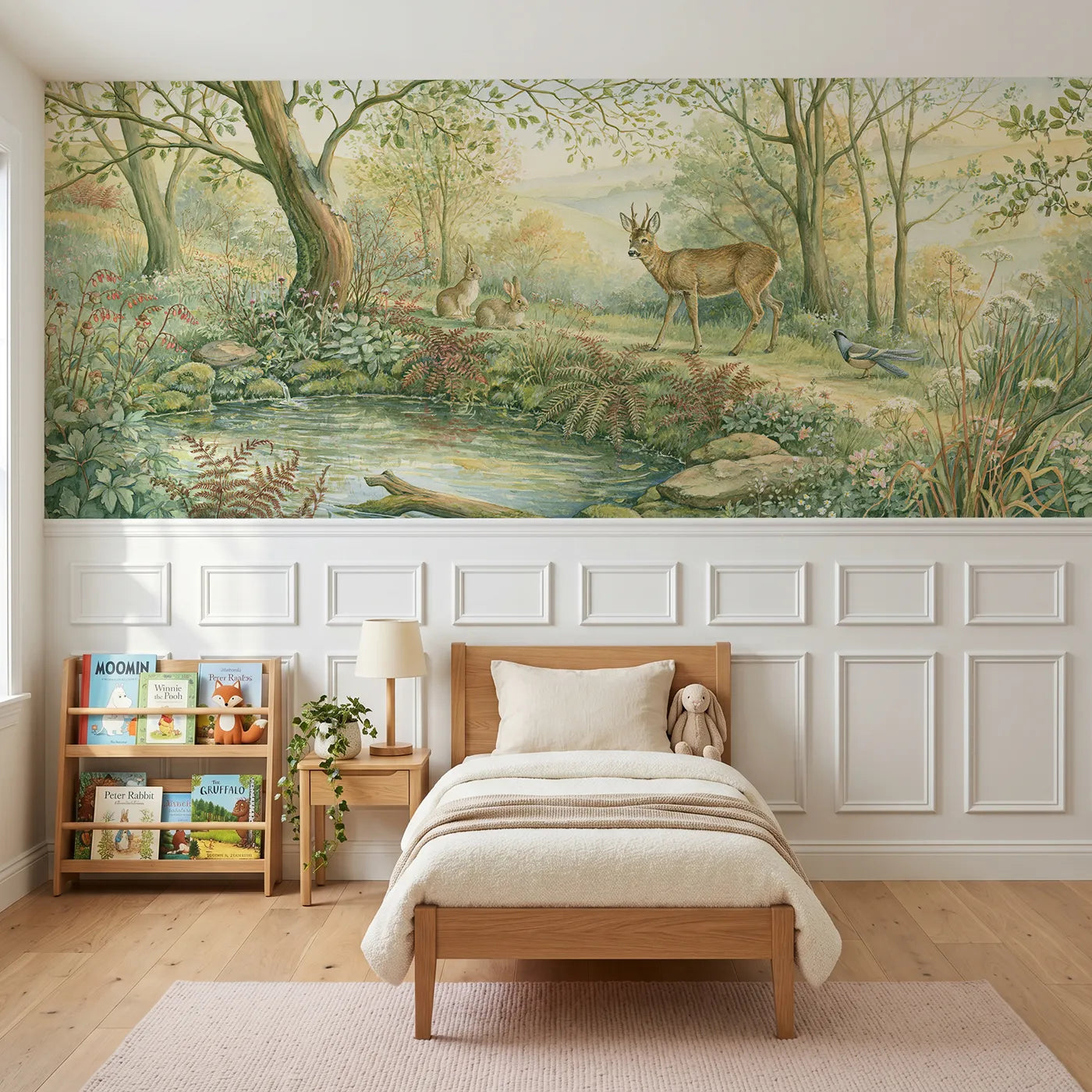 Storybook wainscoting wallpaper of a gathering at the spring by Whimsy Tots