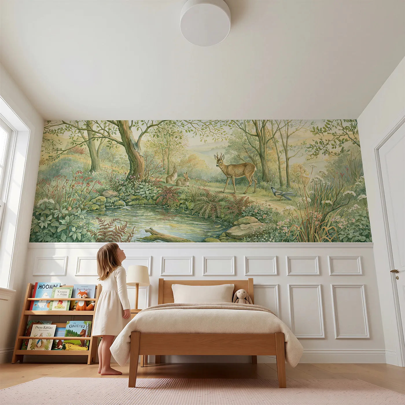 Child reading near Gathering At The Spring Wainscoting Wallpaper by Whimsy Tots