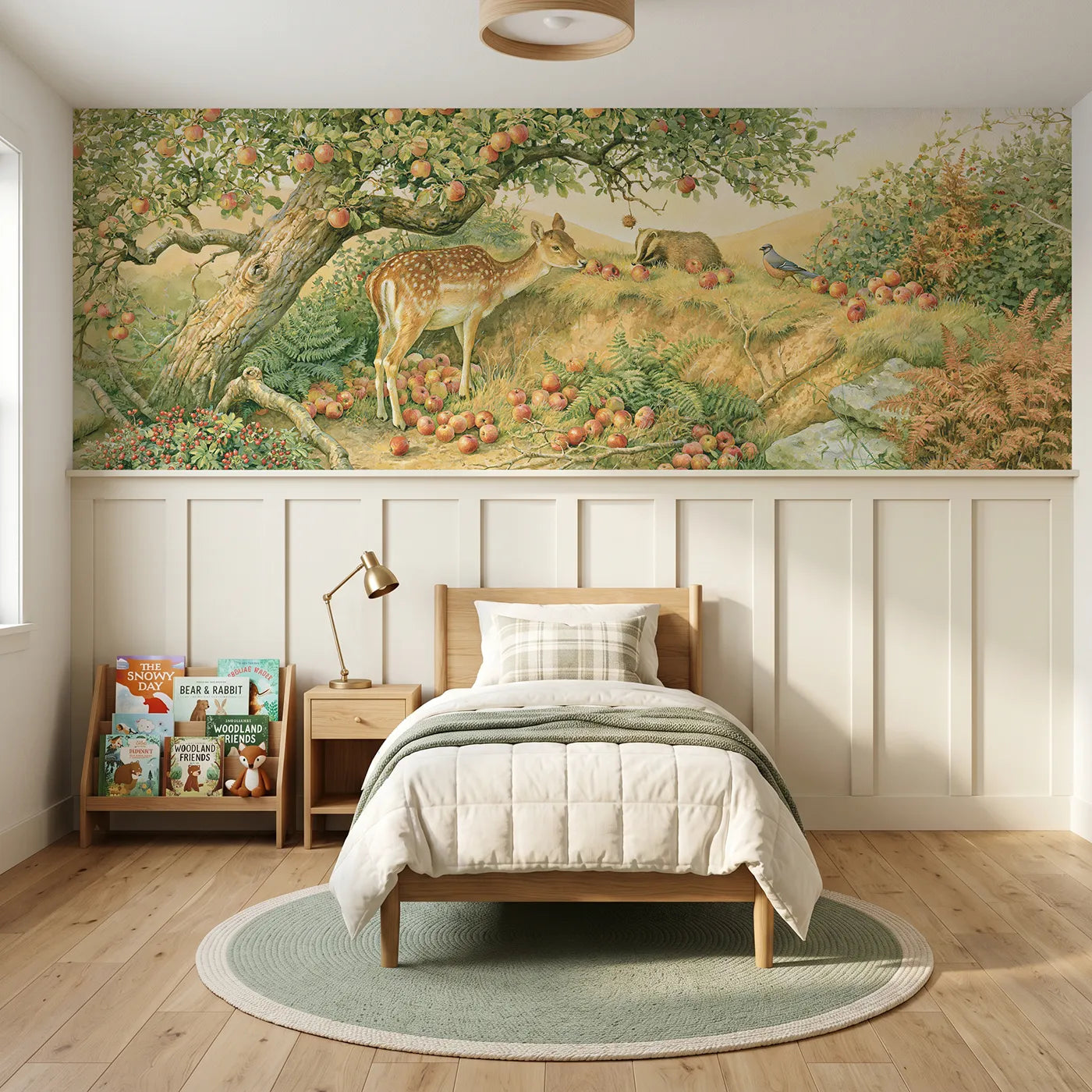 Storybook wainscoting wallpaper of the windfall feast by Whimsy Tots