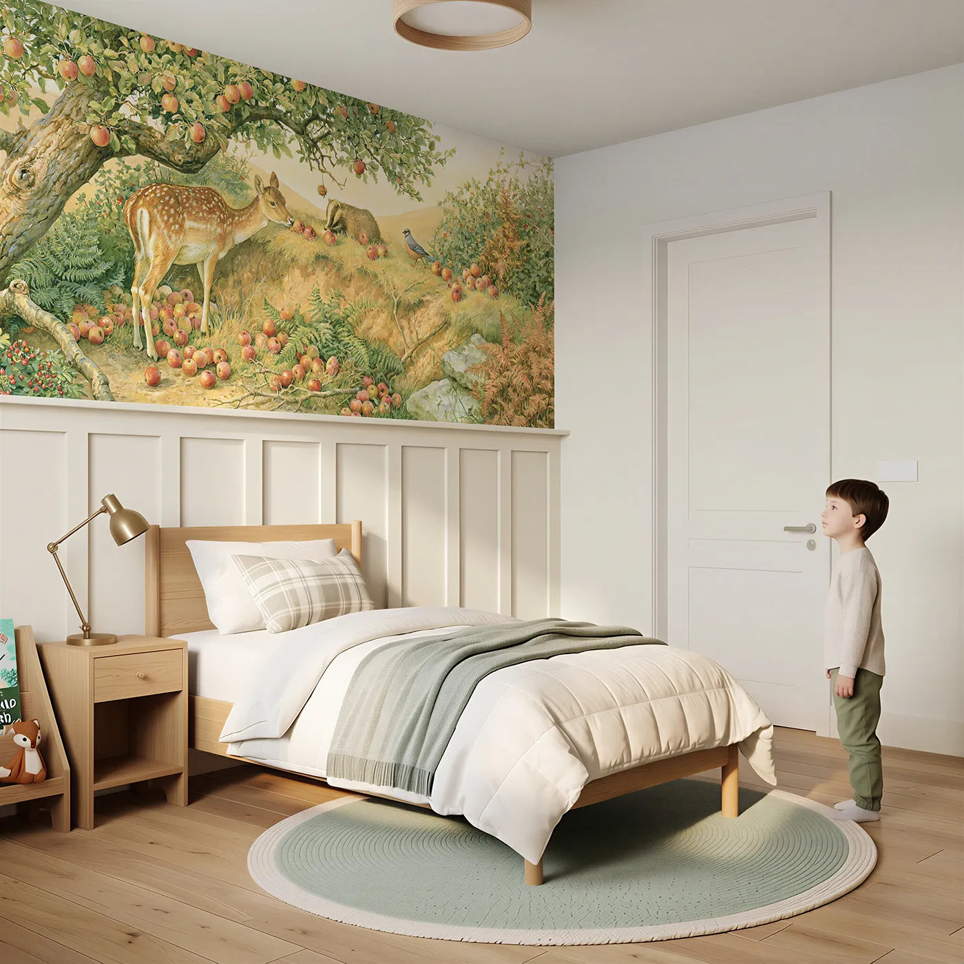 Child reading near The Windfall Feast Wainscoting Wallpaper by Whimsy Tots