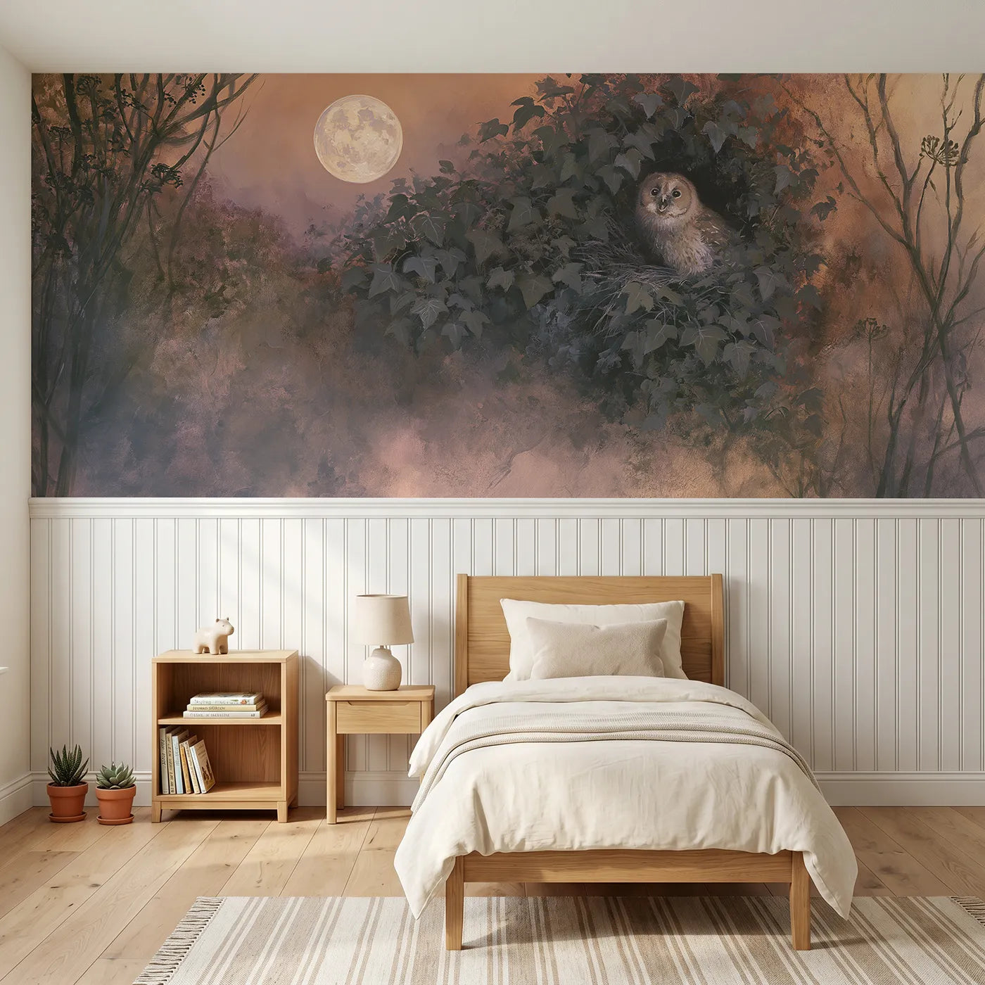 Watercolor wainscoting wallpaper of a tawny owl in an ivy hollow by Whimsy Tots