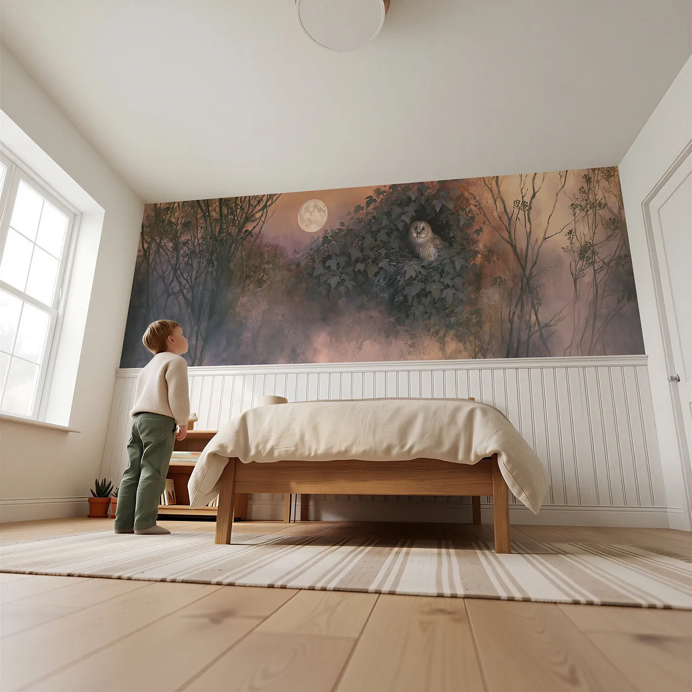 Child reading near Tawny Owl Ivy Hollow Wainscoting Wallpaper by Whimsy Tots