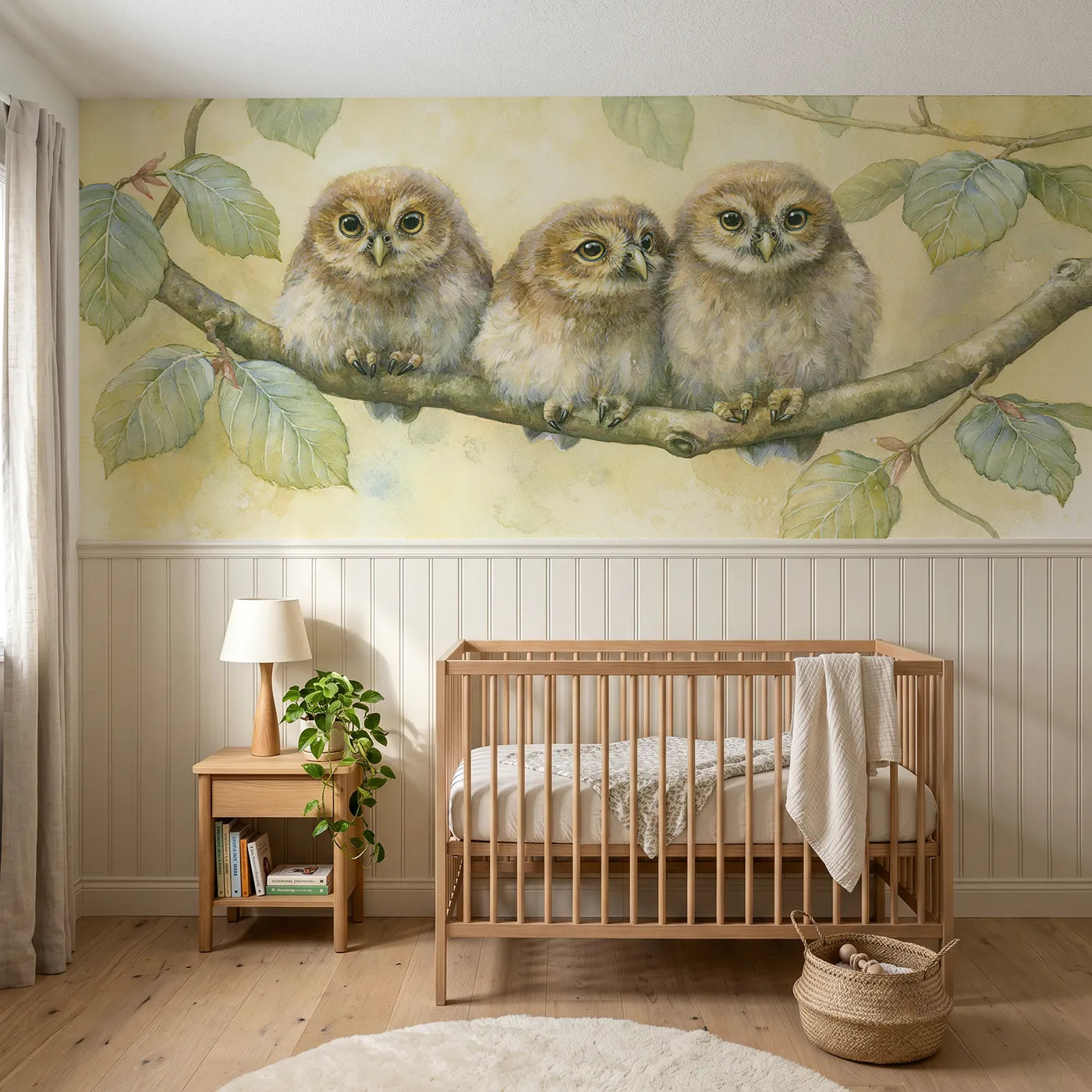 Storybook wainscoting wallpaper of three owlets on the bough by Whimsy Tots