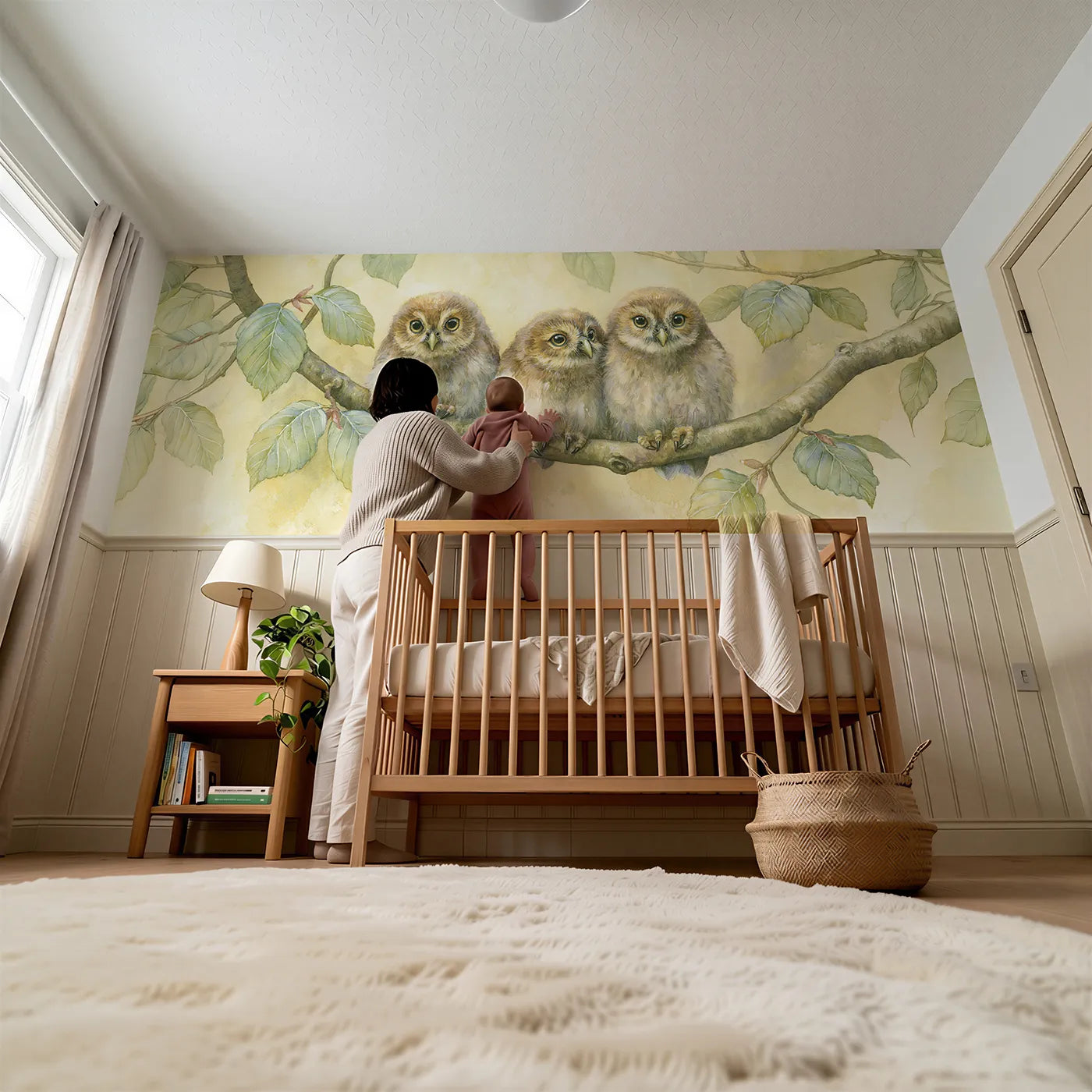 Child reading near Owlets On The Bough Wainscoting Wallpaper by Whimsy Tots