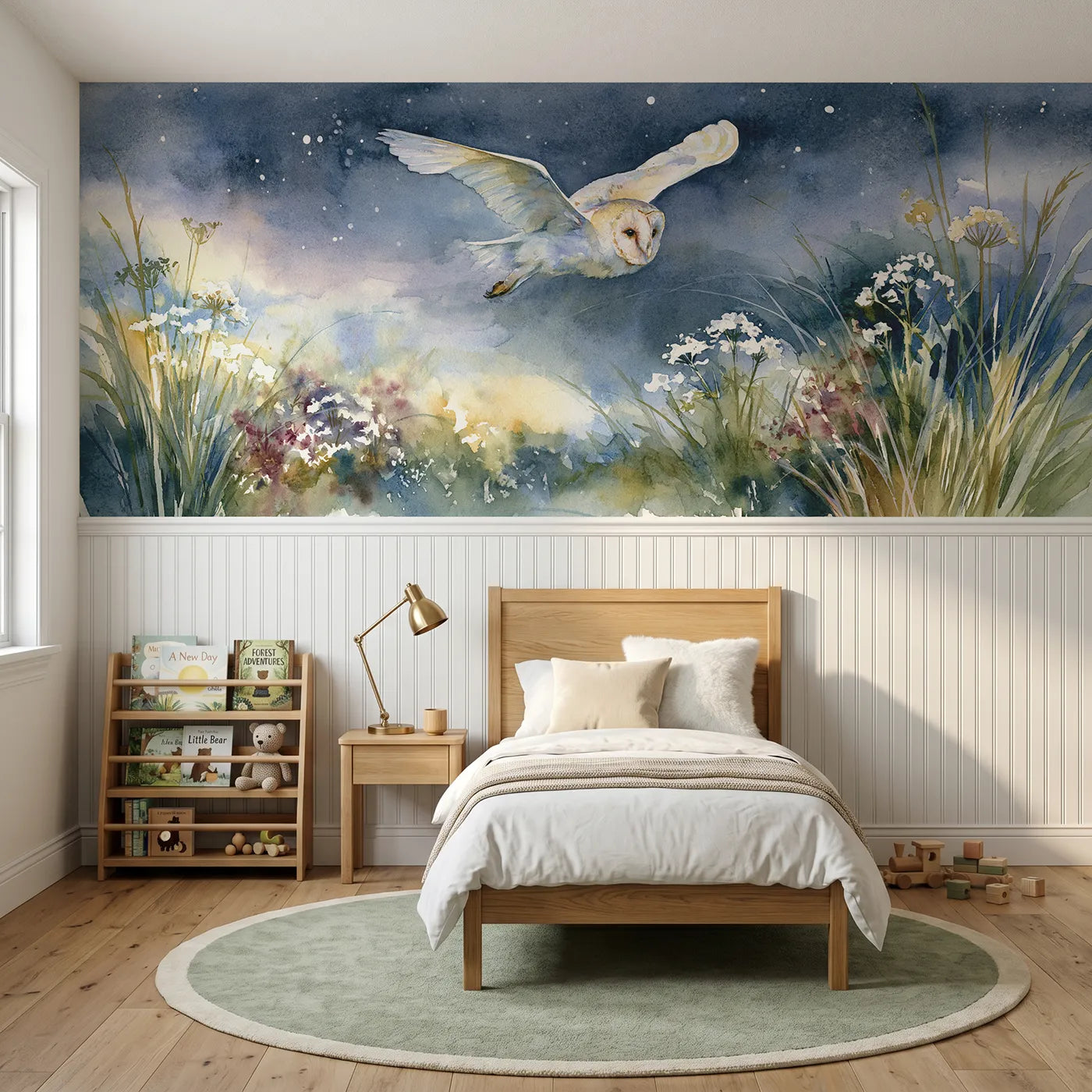 Watercolor wainscoting wallpaper of a barn owl in silent flight by Whimsy Tots