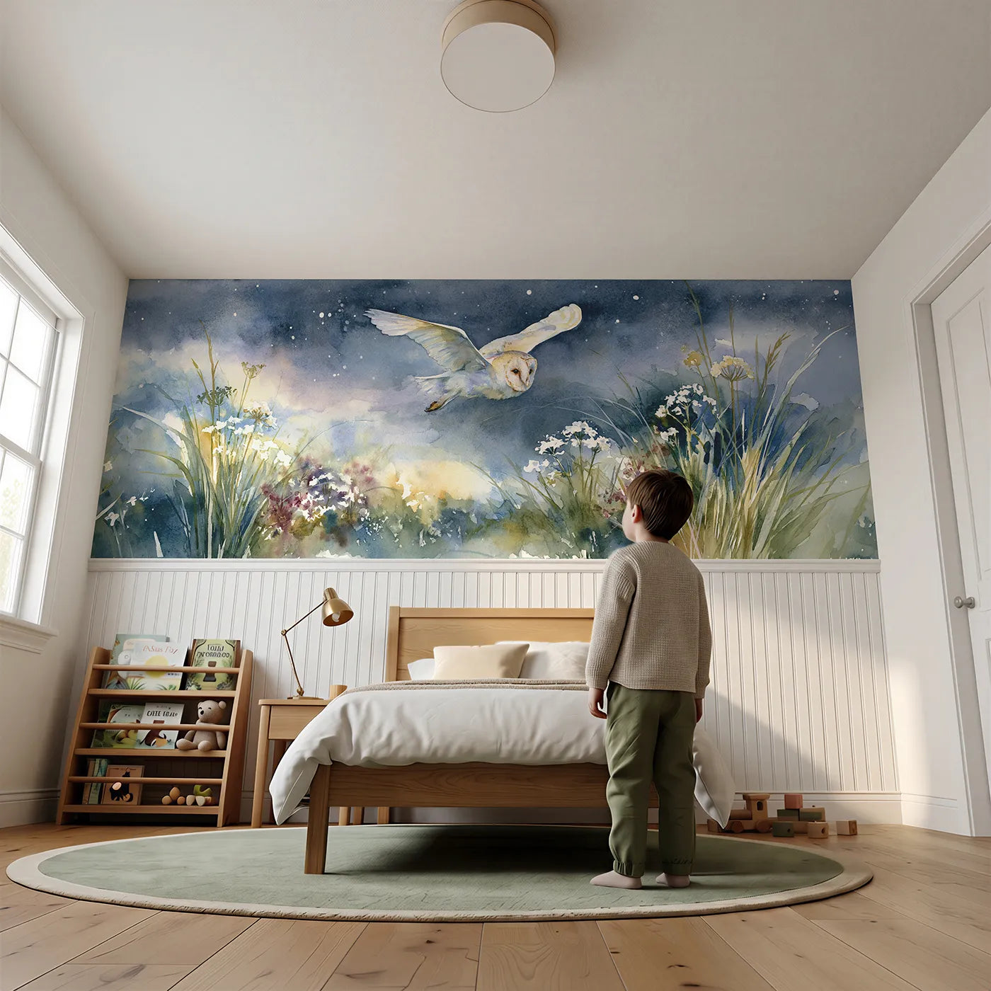 Child reading near Barn Owl Silent Flight Wainscoting Wallpaper by Whimsy Tots