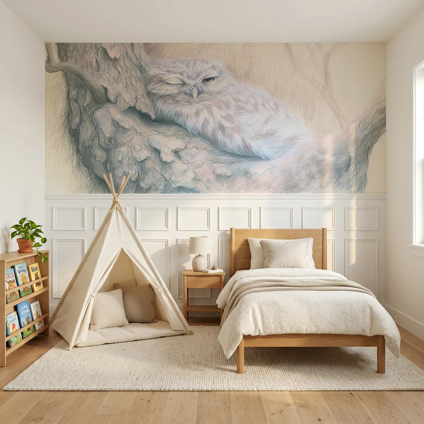 Colored pencil wainscoting wallpaper of an owl at the daytime roost by Whimsy Tots