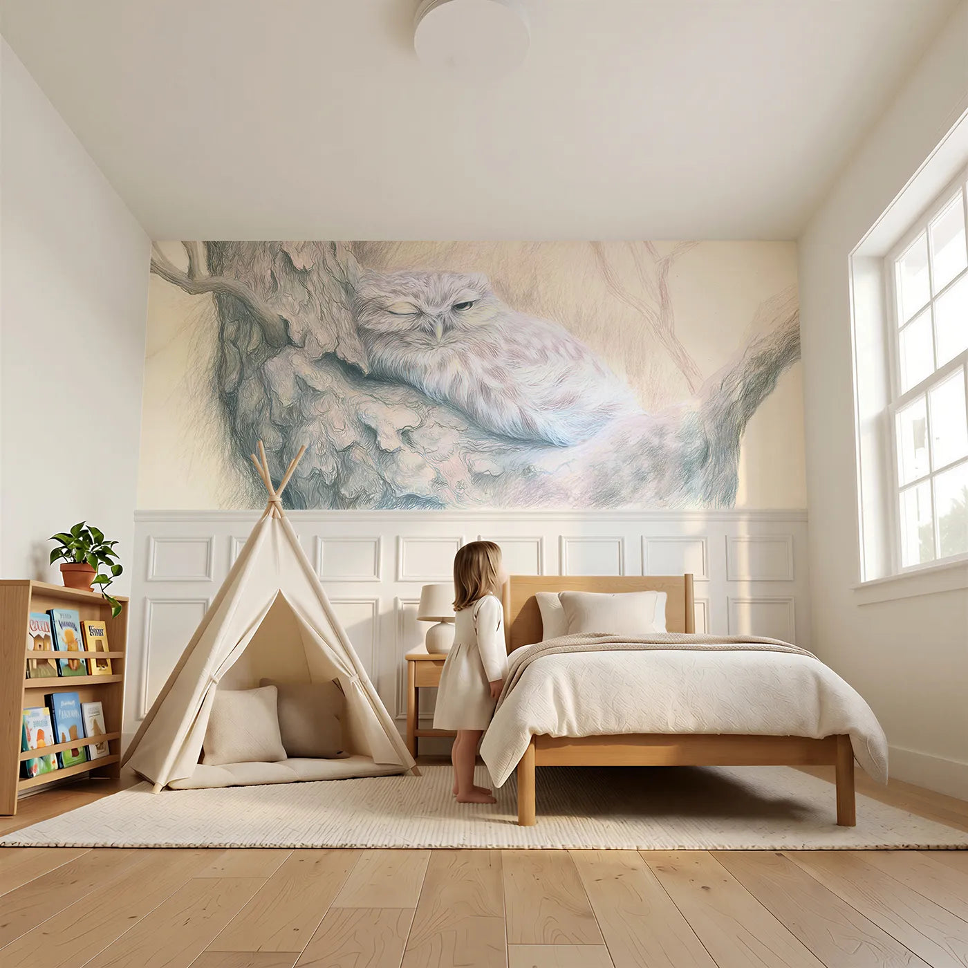 Child reading near Owl At The Daytime Roost Wainscoting Wallpaper by Whimsy Tots