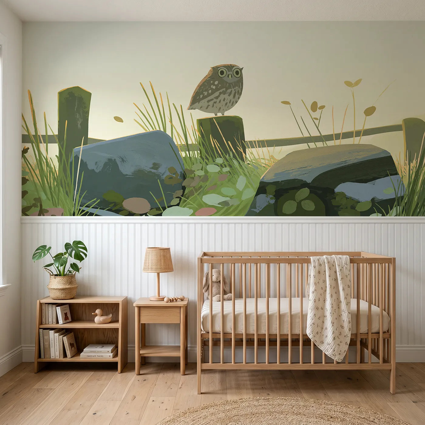 Modern illustration wainscoting wallpaper of a little owl at dawn by Whimsy Tots