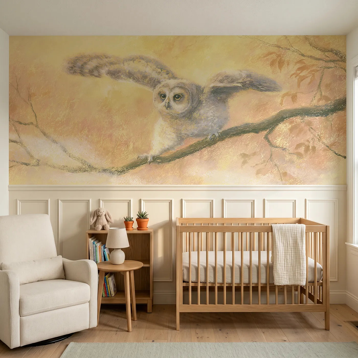 Soft pastel wainscoting wallpaper of a first climb from the nest by Whimsy Tots