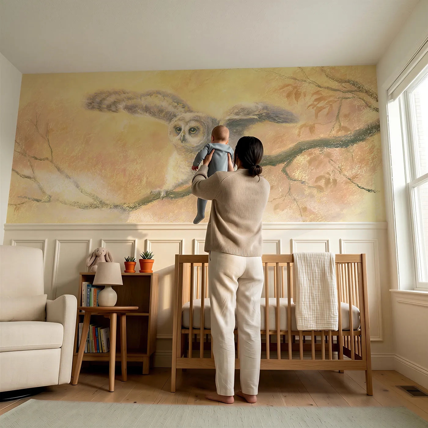 Child reading near First Climb From The Nest Wainscoting Wallpaper by Whimsy Tots