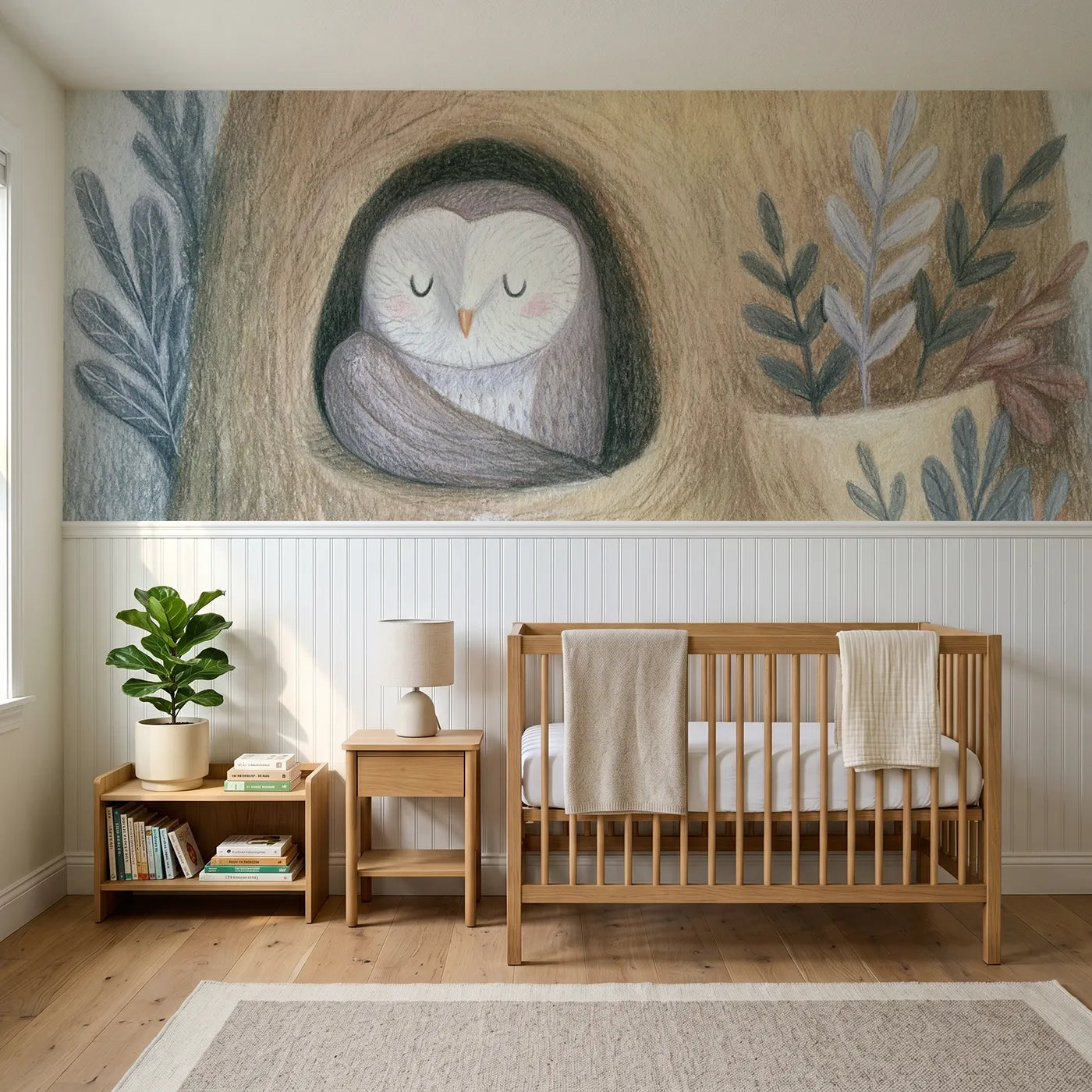 Colored pencil wainscoting wallpaper of preening at the hollow door by Whimsy Tots