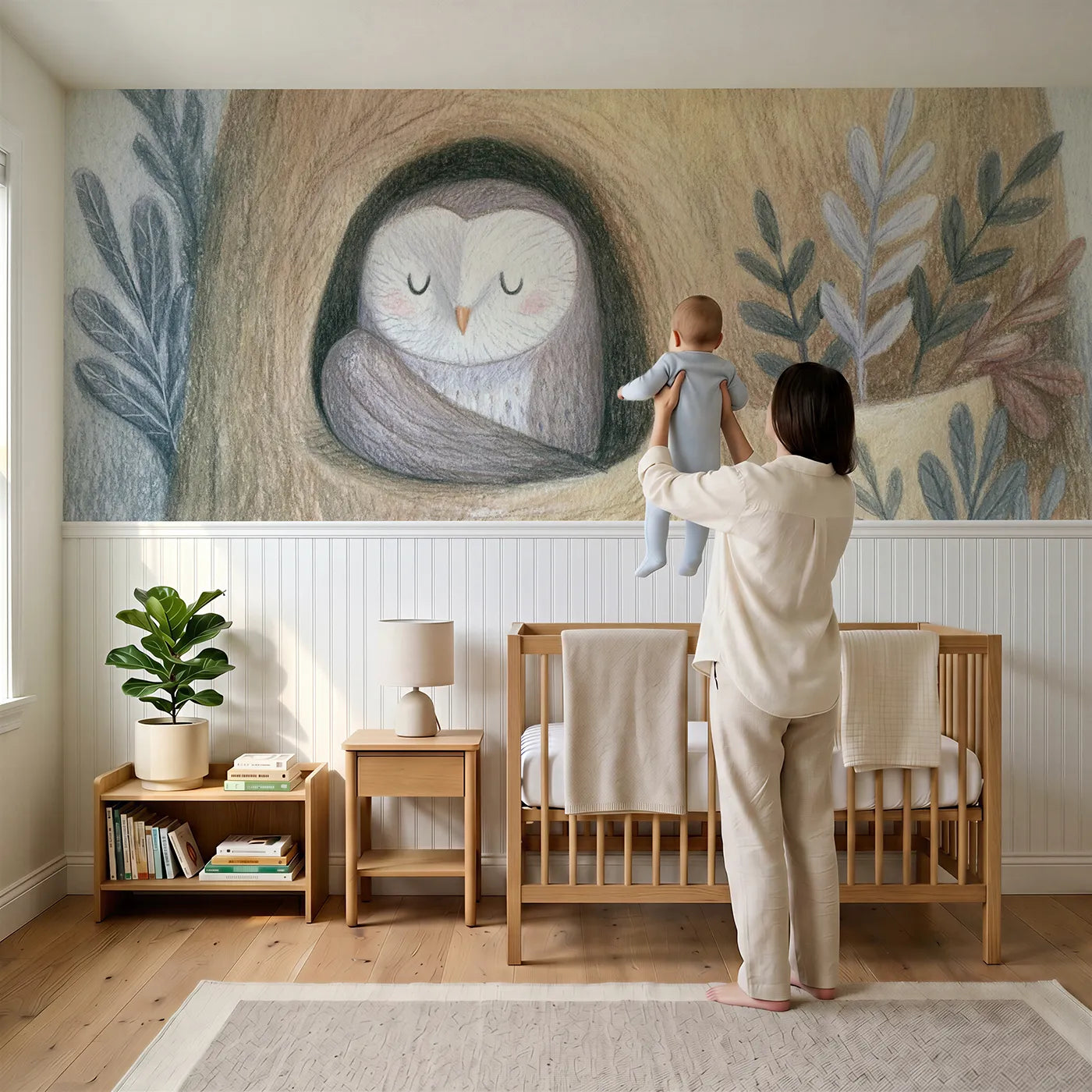 Child reading near Preening At The Hollow Door Wainscoting Wallpaper by Whimsy Tots